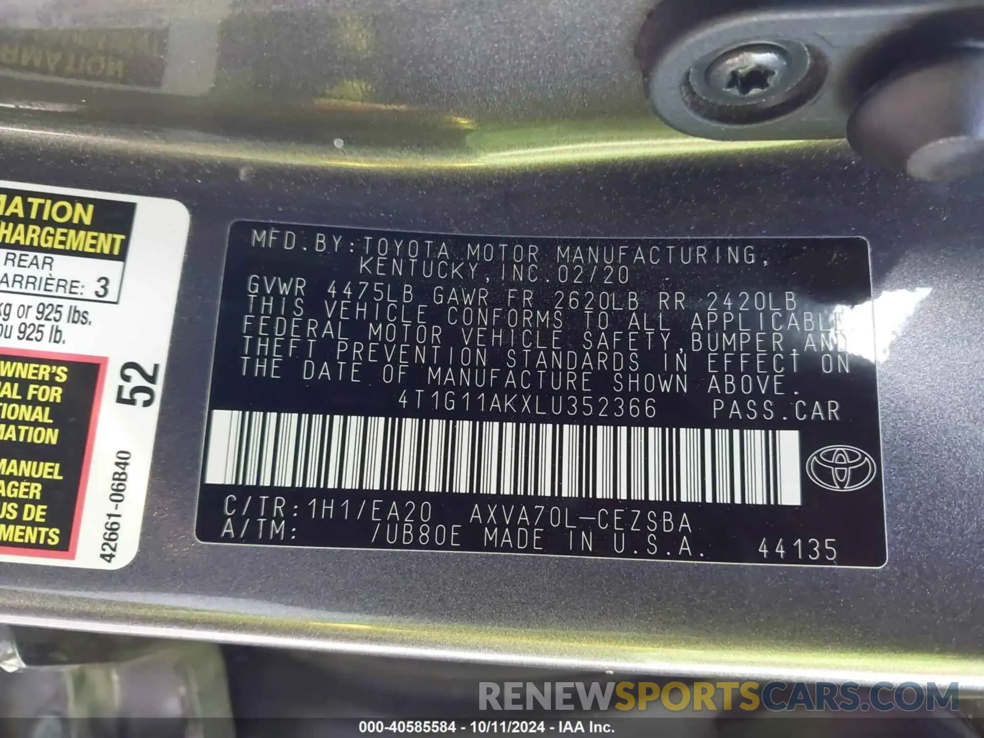 9 fotografías del automóvil dañado 4T1G11AKXLU352366 TOYOTA CAMRY 2020