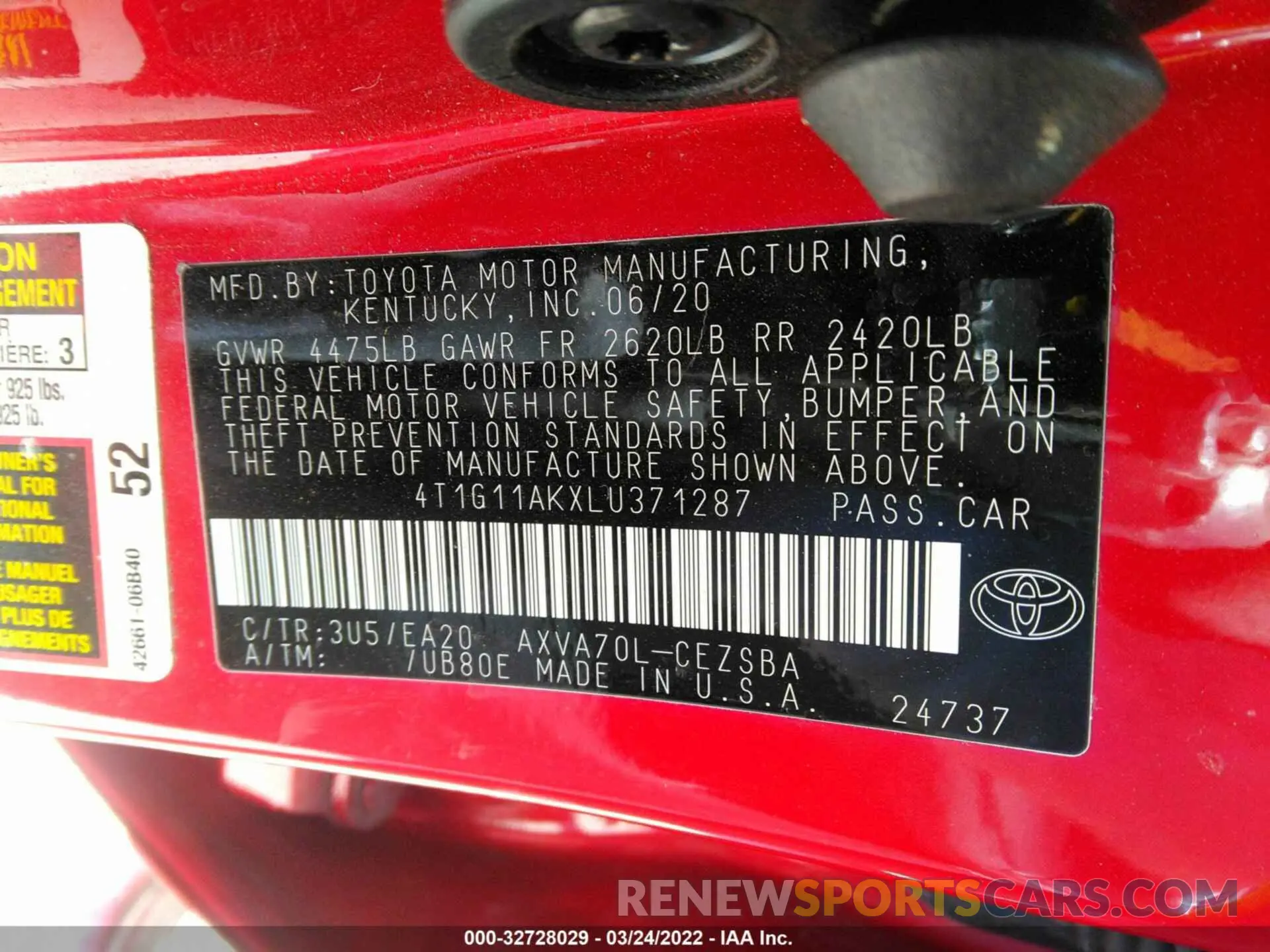 9 fotografías del automóvil dañado 4T1G11AKXLU371287 TOYOTA CAMRY 2020