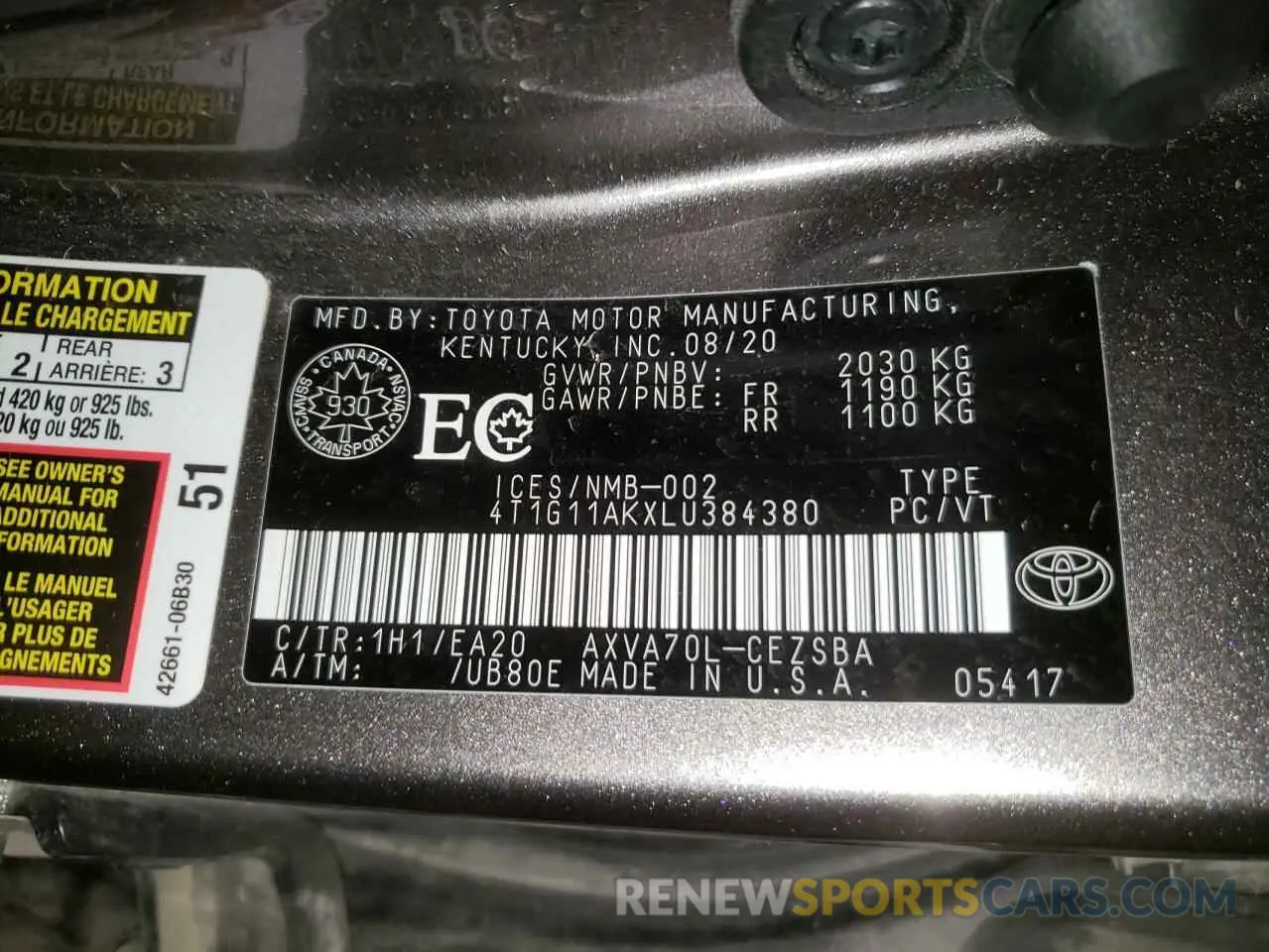 10 fotografías del automóvil dañado 4T1G11AKXLU384380 TOYOTA CAMRY 2020