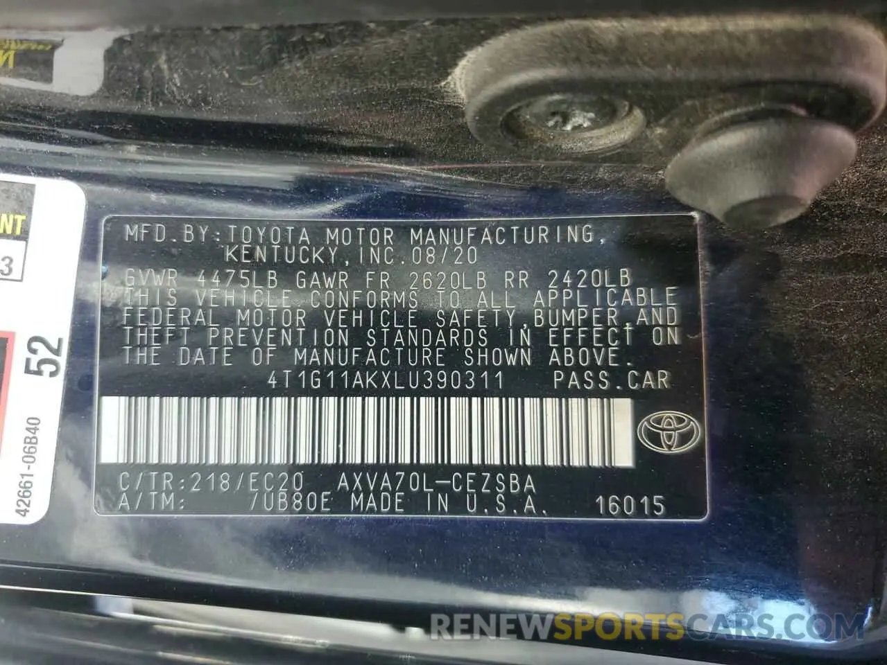 15 fotografías del automóvil dañado 4T1G11AKXLU390311 TOYOTA CAMRY 2020