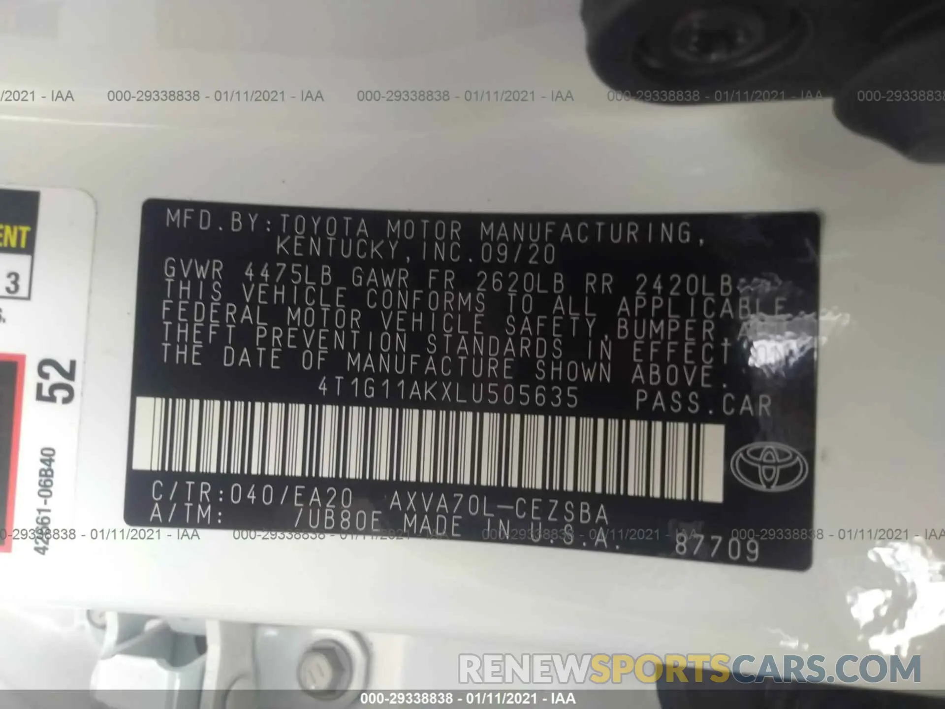 9 fotografías del automóvil dañado 4T1G11AKXLU505635 TOYOTA CAMRY 2020