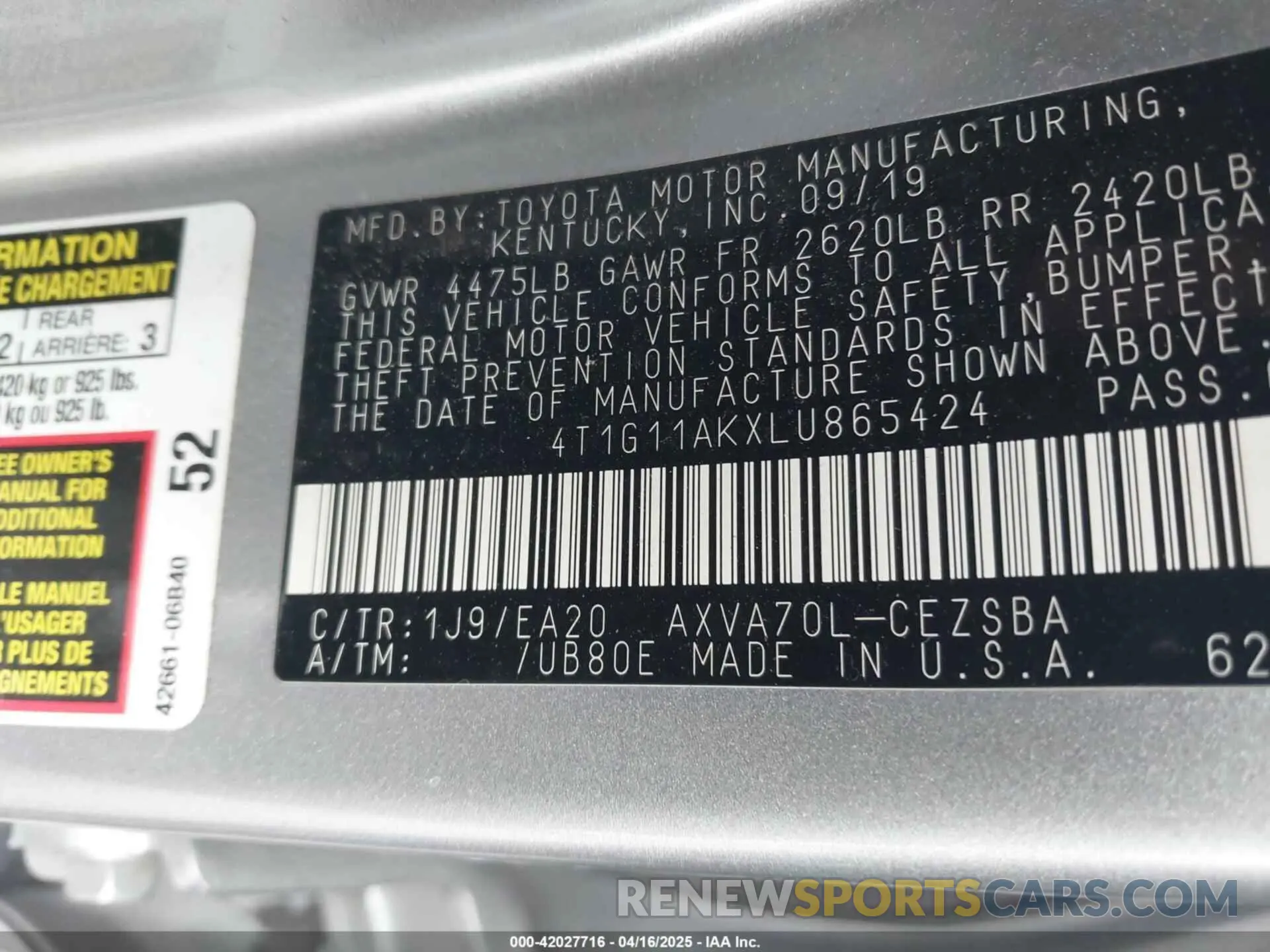 9 fotografías del automóvil dañado 4T1G11AKXLU865424 TOYOTA CAMRY 2020