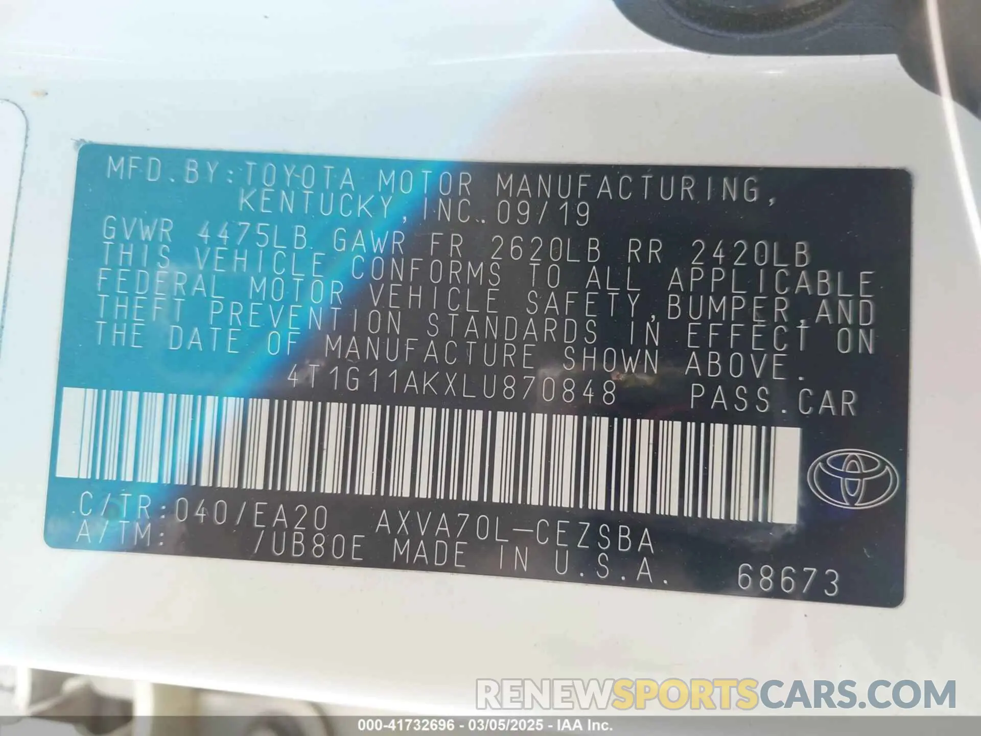 9 fotografías del automóvil dañado 4T1G11AKXLU870848 TOYOTA CAMRY 2020