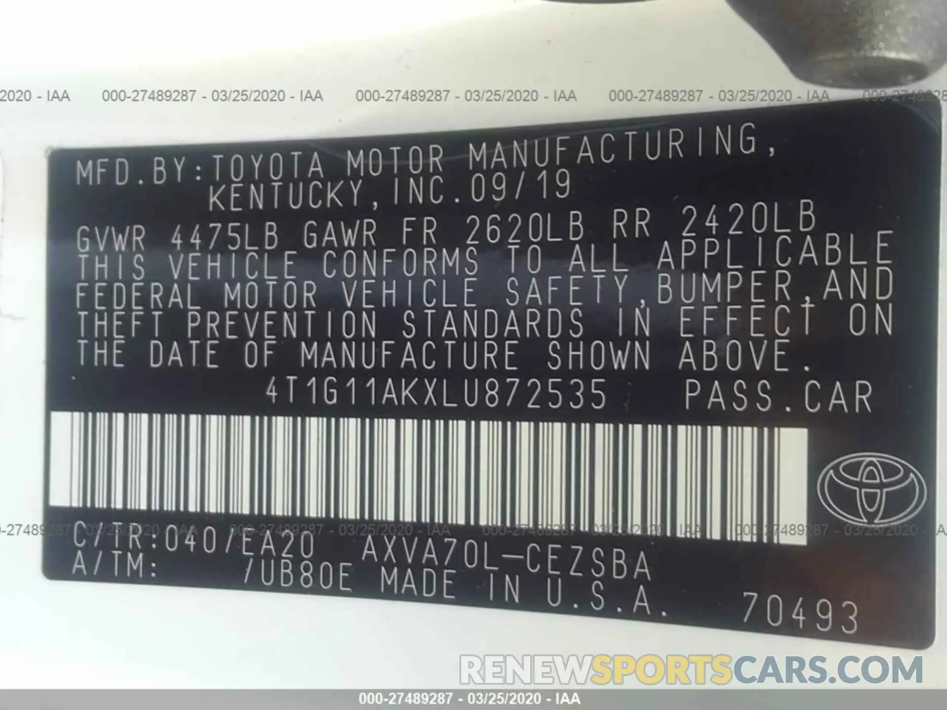 9 fotografías del automóvil dañado 4T1G11AKXLU872535 TOYOTA CAMRY 2020