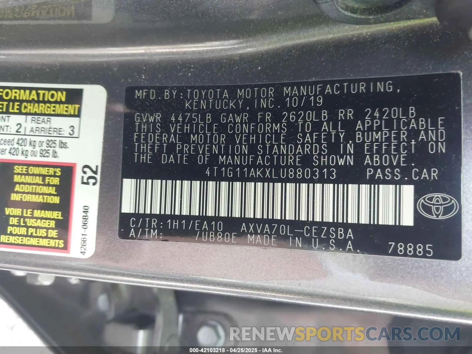 9 fotografías del automóvil dañado 4T1G11AKXLU880313 TOYOTA CAMRY 2020