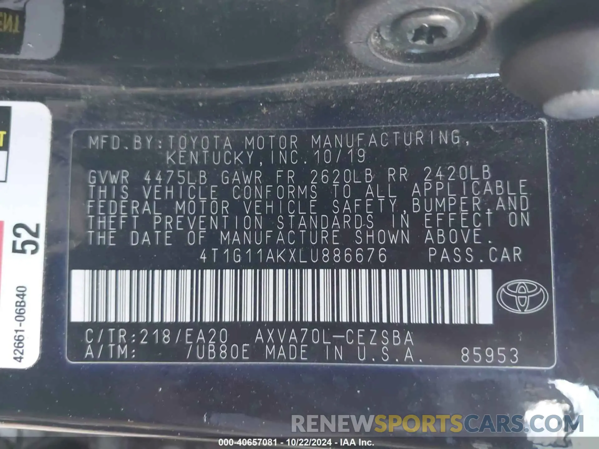 9 fotografías del automóvil dañado 4T1G11AKXLU886676 TOYOTA CAMRY 2020