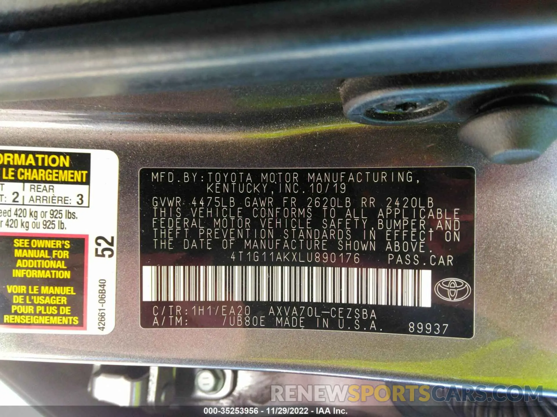 9 fotografías del automóvil dañado 4T1G11AKXLU890176 TOYOTA CAMRY 2020