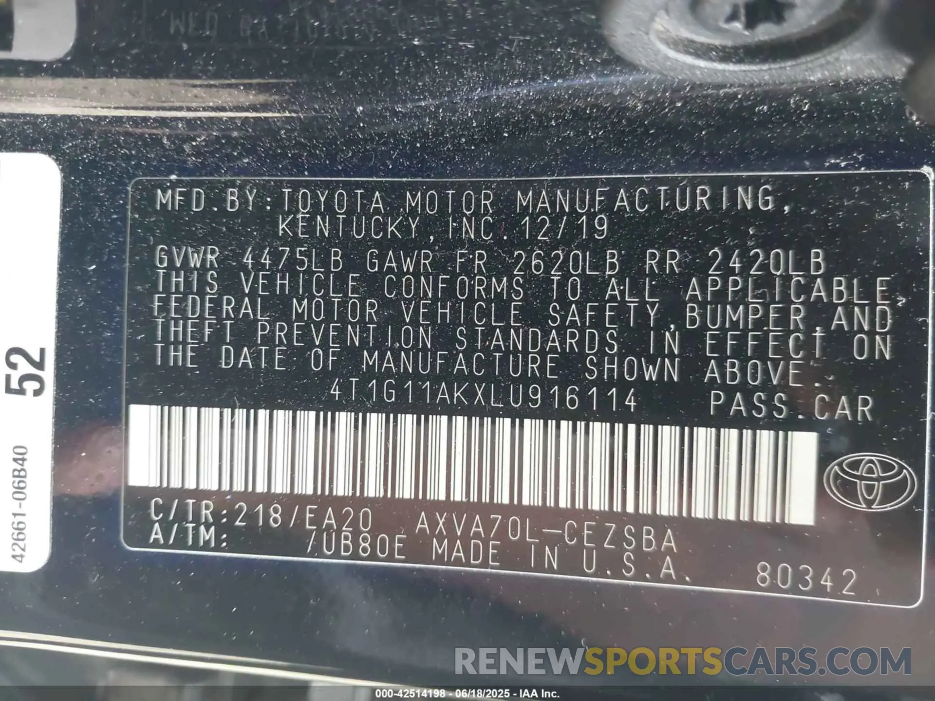 9 fotografías del automóvil dañado 4T1G11AKXLU916114 TOYOTA CAMRY 2020