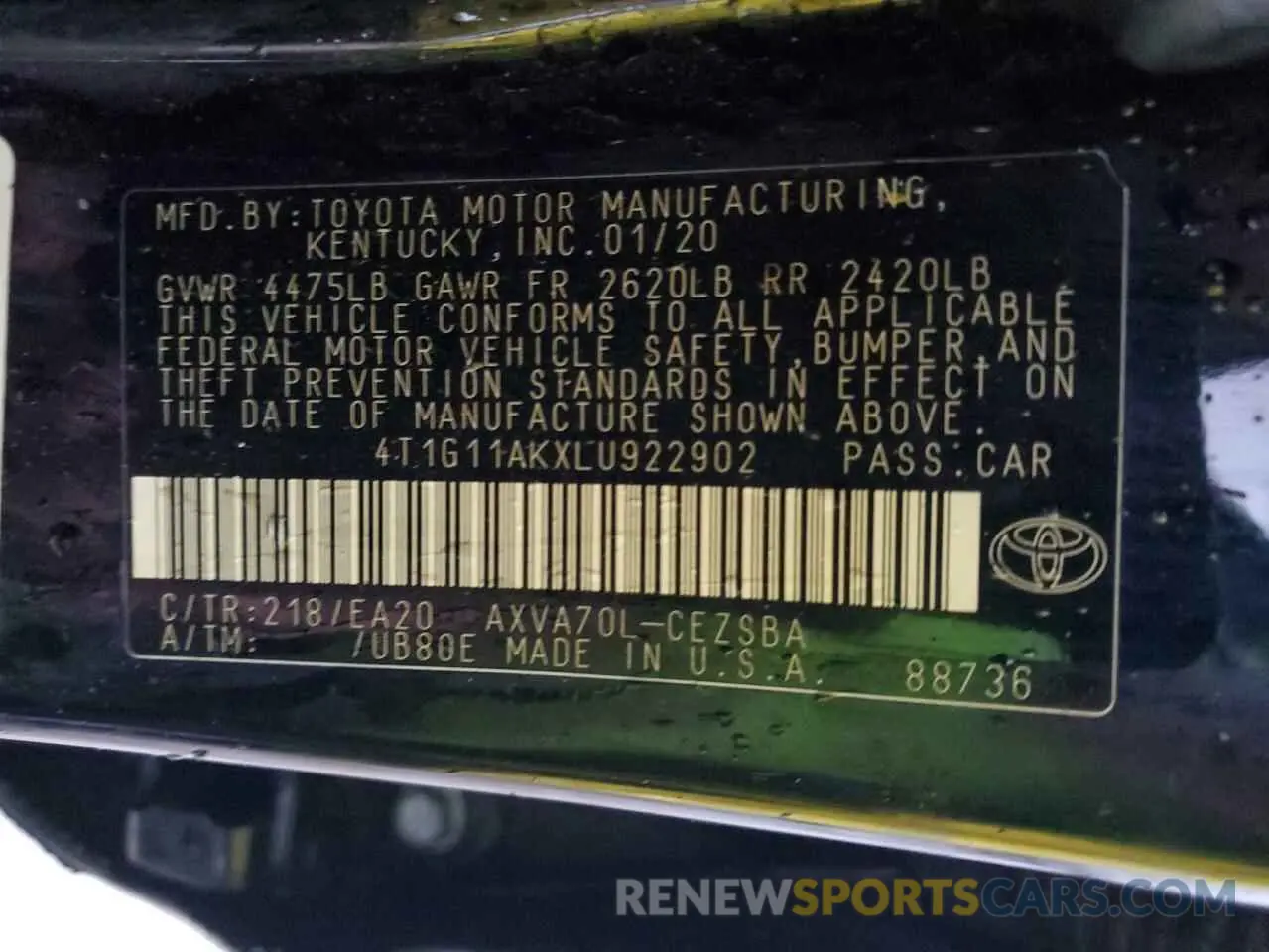 12 fotografías del automóvil dañado 4T1G11AKXLU922902 TOYOTA CAMRY 2020