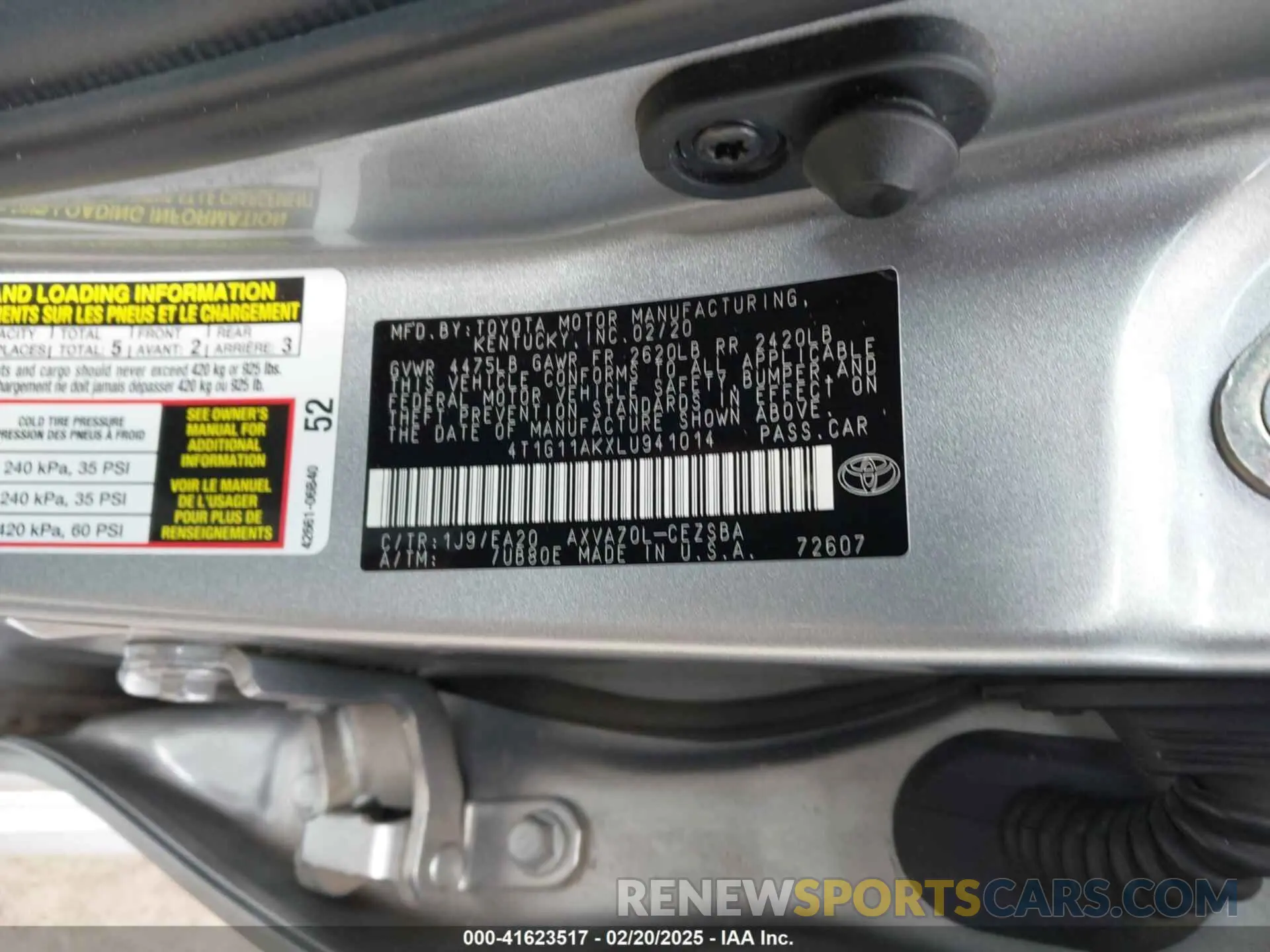 9 fotografías del automóvil dañado 4T1G11AKXLU941014 TOYOTA CAMRY 2020