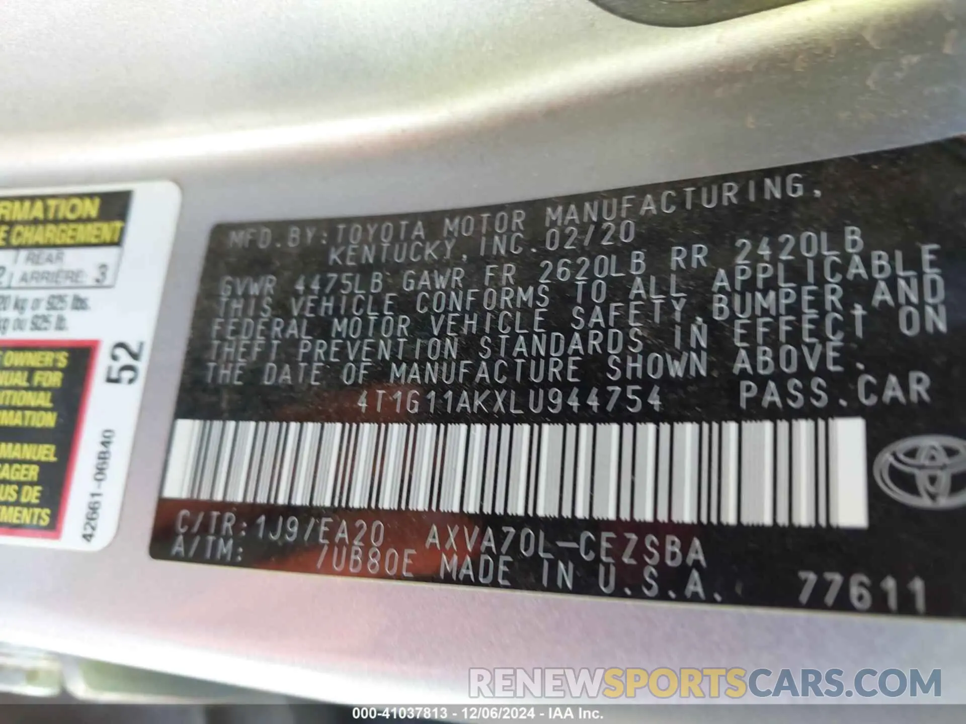 9 fotografías del automóvil dañado 4T1G11AKXLU944754 TOYOTA CAMRY 2020