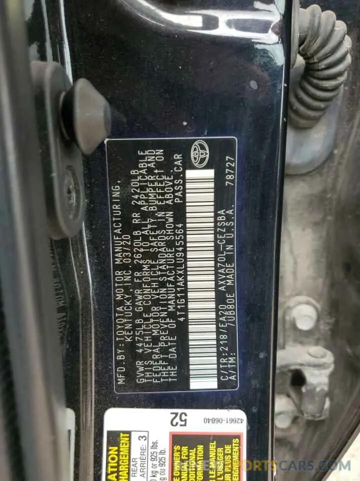 12 fotografías del automóvil dañado 4T1G11AKXLU945564 TOYOTA CAMRY 2020