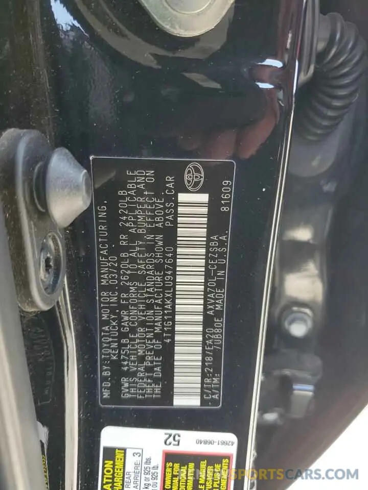 12 fotografías del automóvil dañado 4T1G11AKXLU947640 TOYOTA CAMRY 2020