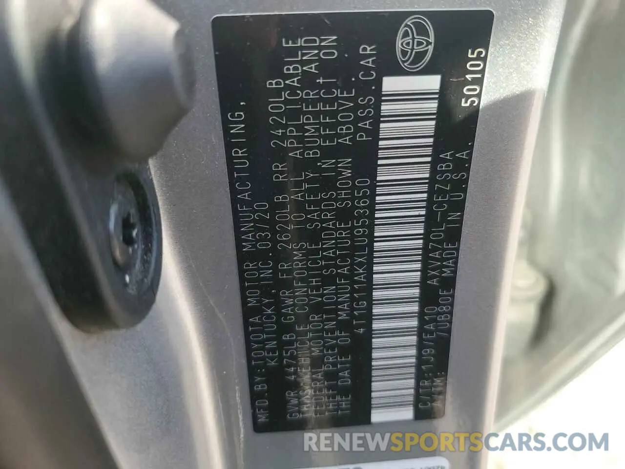 12 fotografías del automóvil dañado 4T1G11AKXLU953650 TOYOTA CAMRY 2020