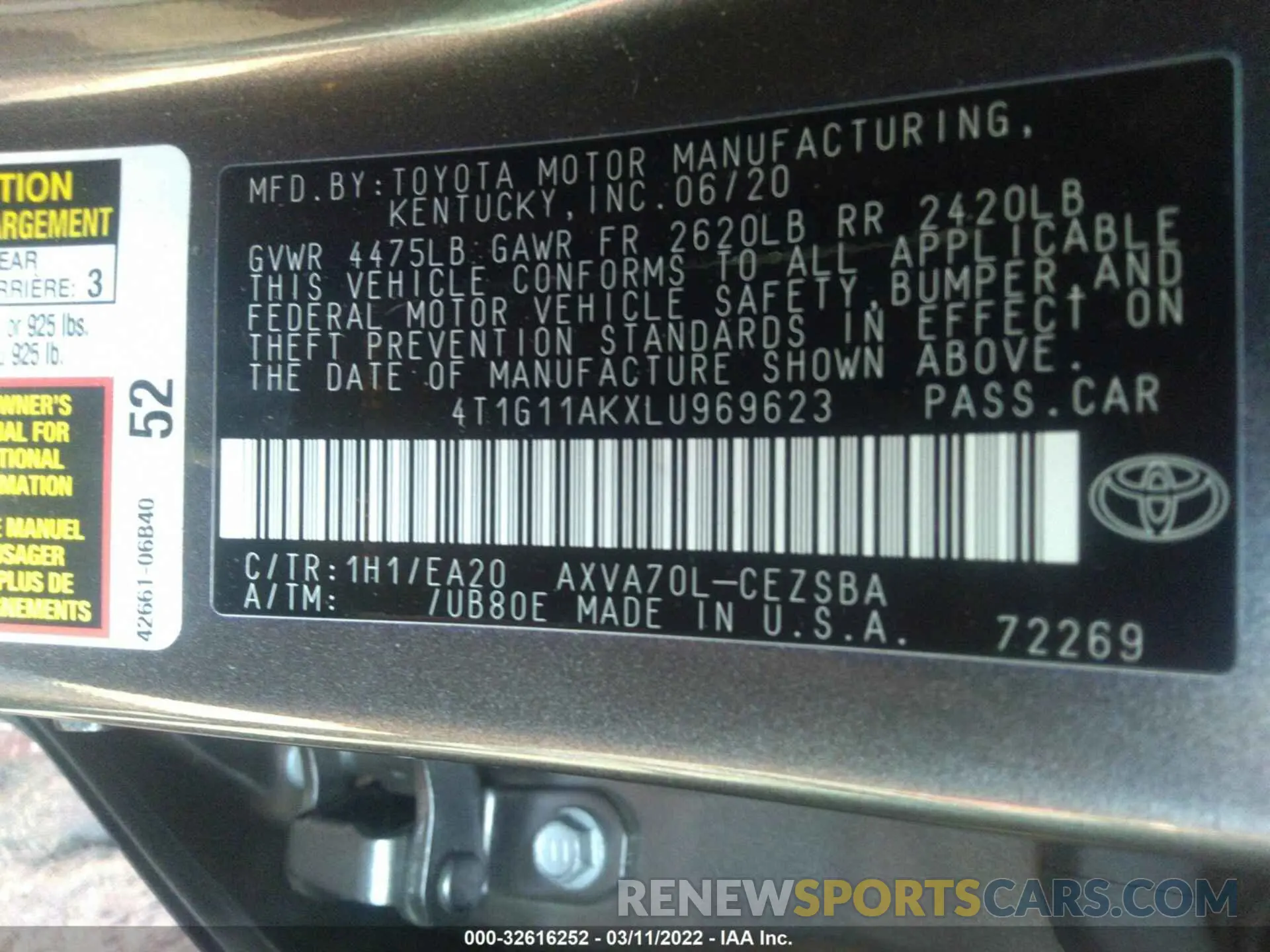 9 fotografías del automóvil dañado 4T1G11AKXLU969623 TOYOTA CAMRY 2020