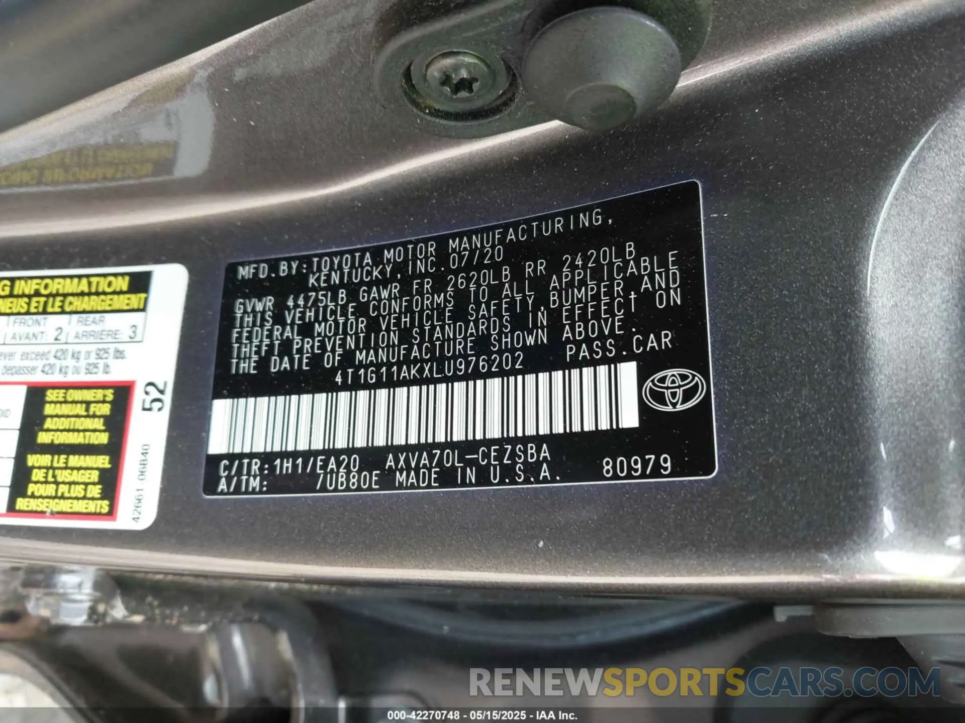 9 fotografías del automóvil dañado 4T1G11AKXLU976202 TOYOTA CAMRY 2020