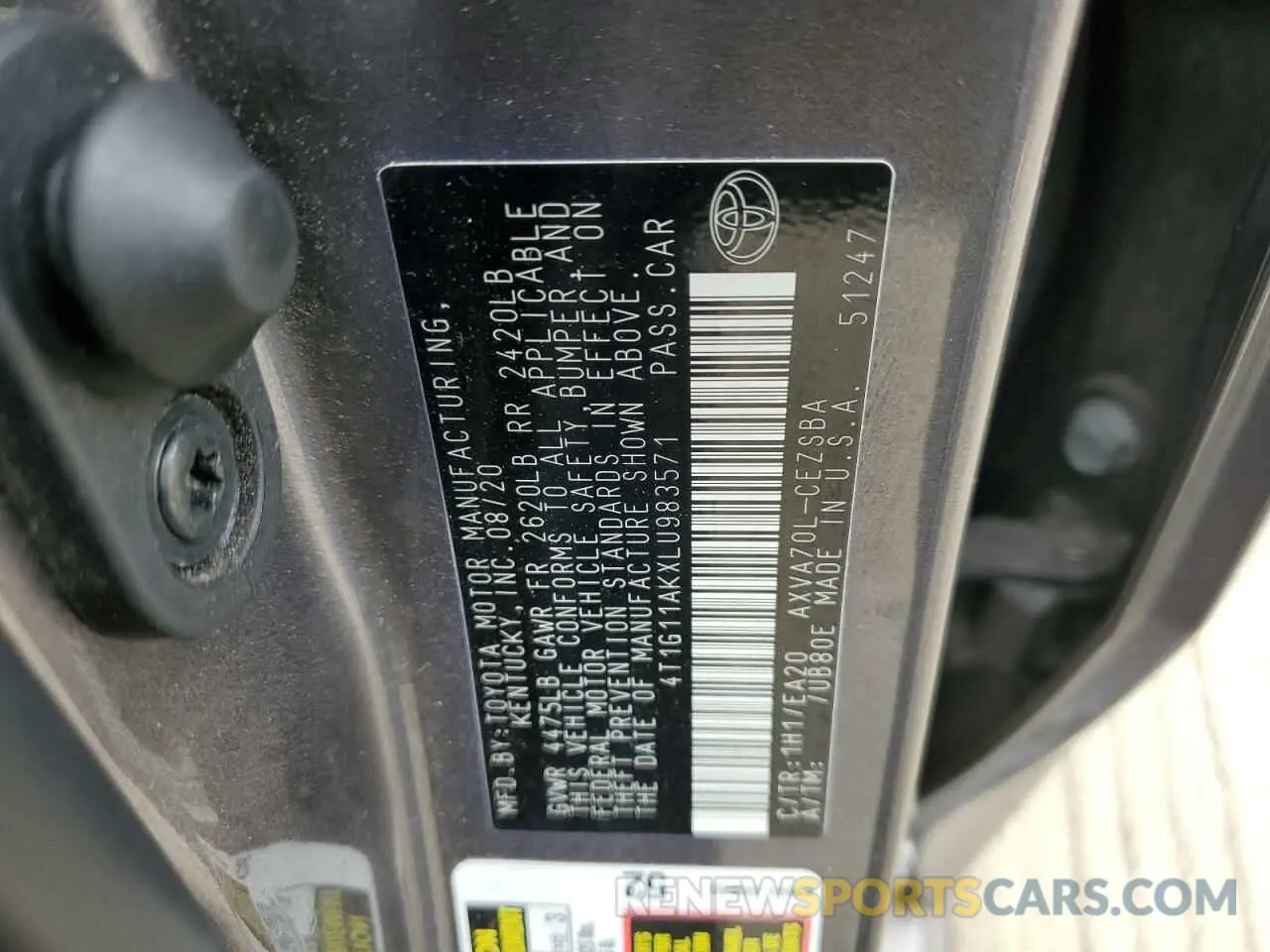 12 fotografías del automóvil dañado 4T1G11AKXLU983571 TOYOTA CAMRY 2020