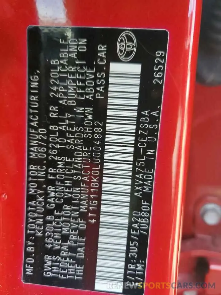 12 fotografías del automóvil dañado 4T1G11BK0LU004882 TOYOTA CAMRY 2020