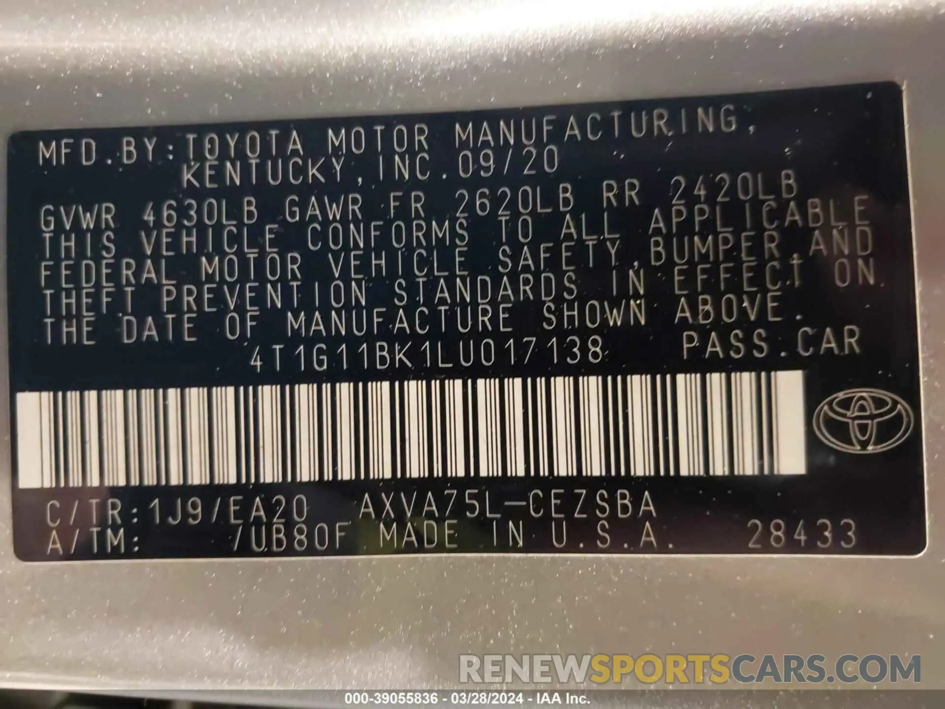 9 fotografías del automóvil dañado 4T1G11BK1LU017138 TOYOTA CAMRY 2020