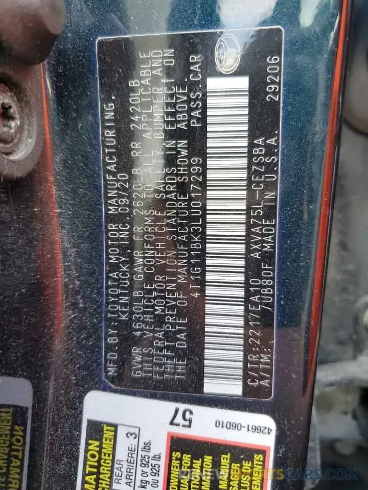 13 fotografías del automóvil dañado 4T1G11BK3LU017299 TOYOTA CAMRY 2020