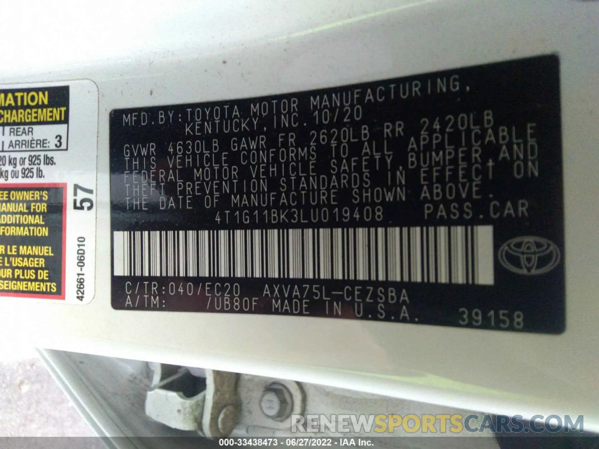 9 fotografías del automóvil dañado 4T1G11BK3LU019408 TOYOTA CAMRY 2020