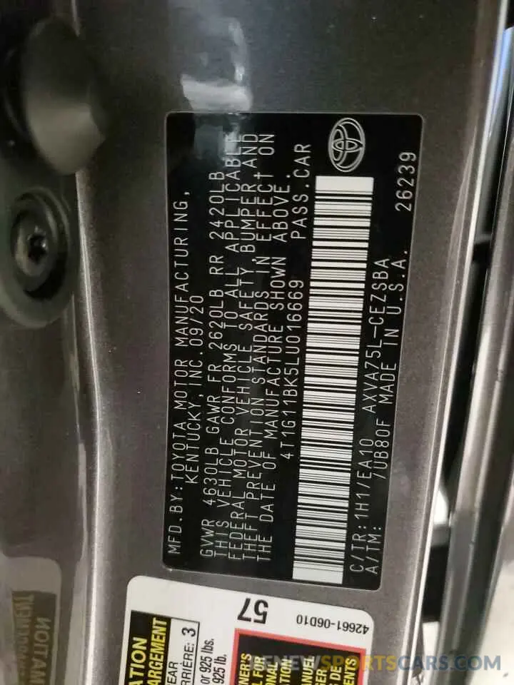 13 fotografías del automóvil dañado 4T1G11BK5LU016669 TOYOTA CAMRY 2020