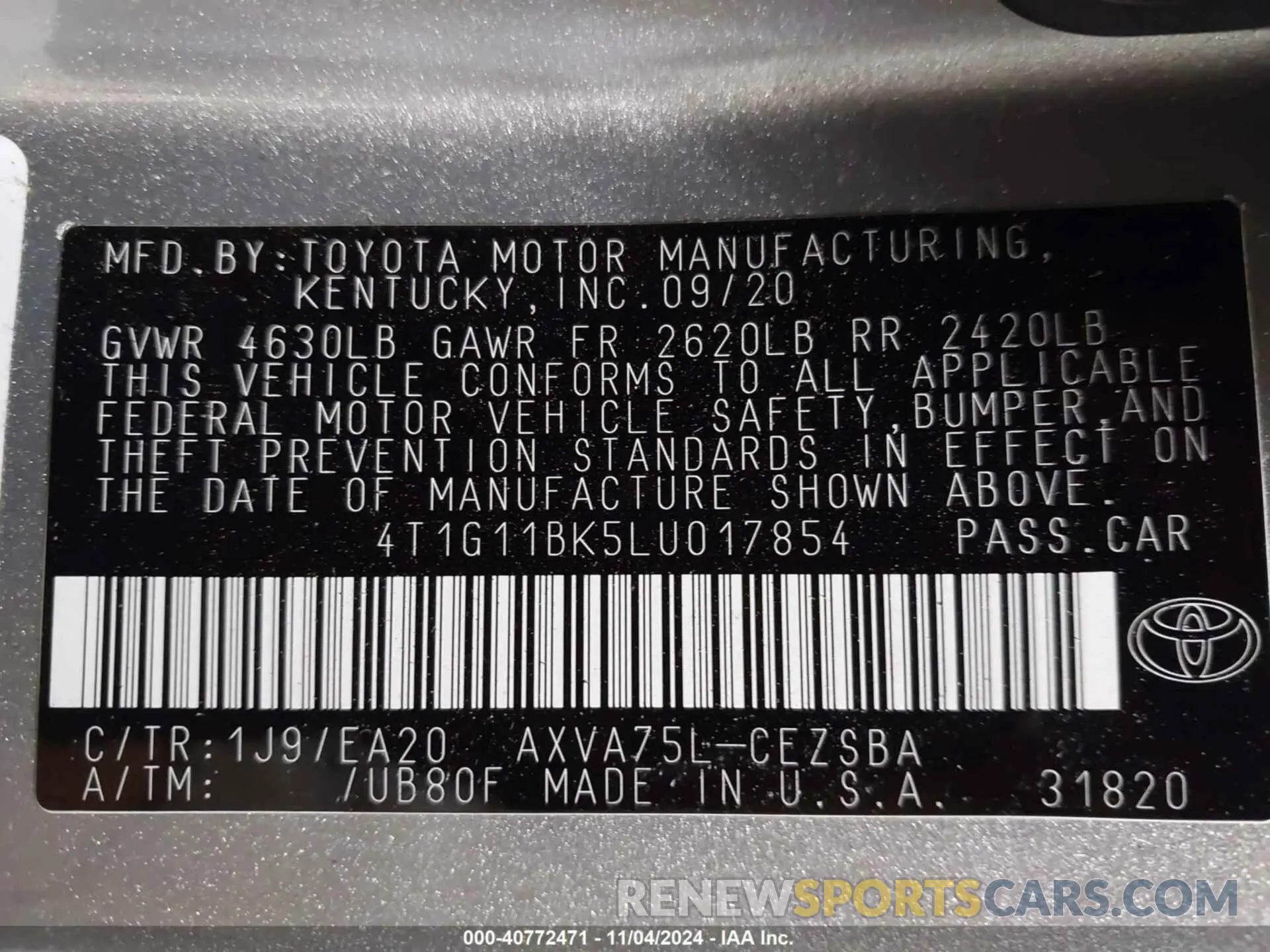 9 fotografías del automóvil dañado 4T1G11BK5LU017854 TOYOTA CAMRY 2020