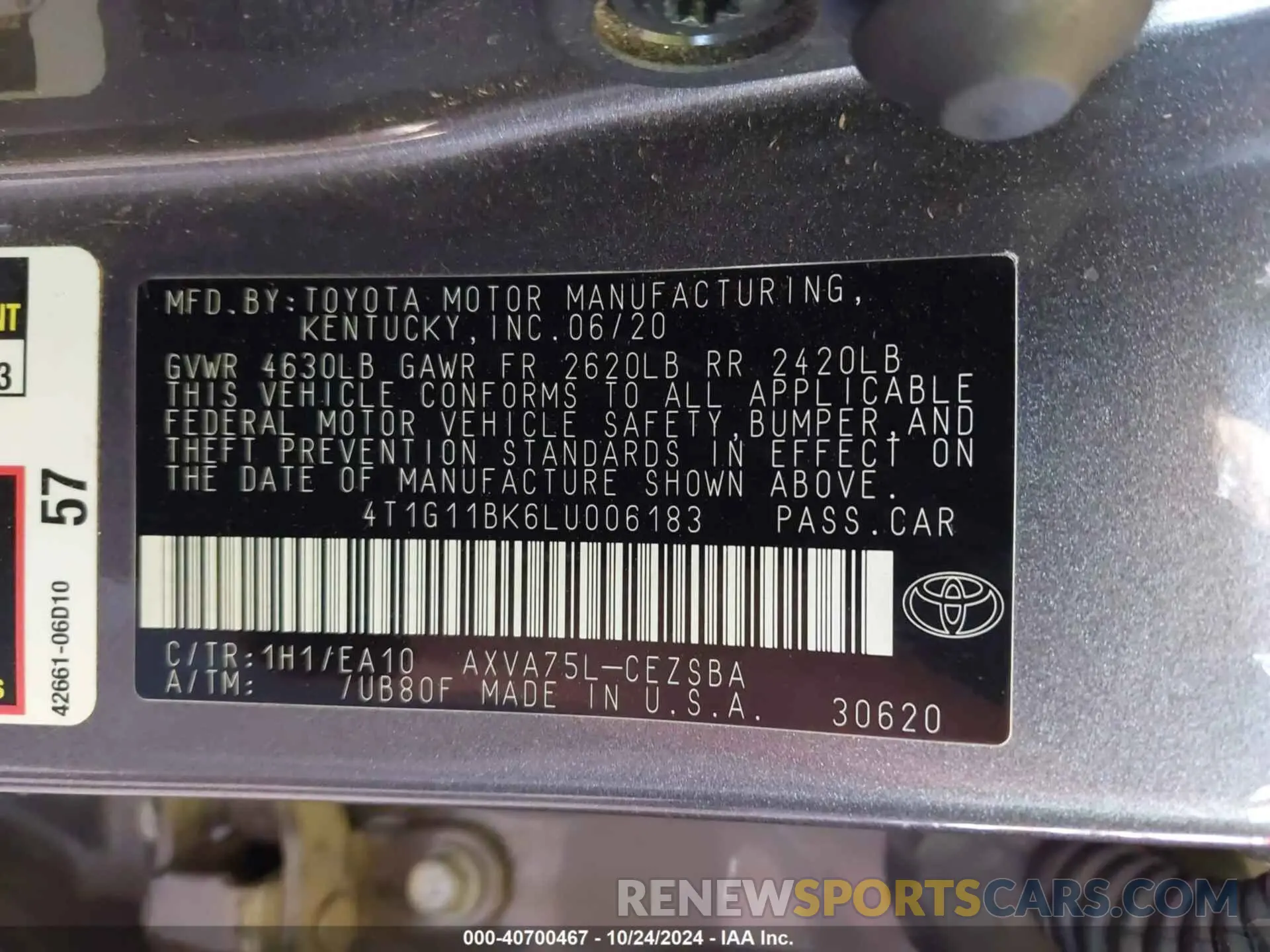 9 fotografías del automóvil dañado 4T1G11BK6LU006183 TOYOTA CAMRY 2020
