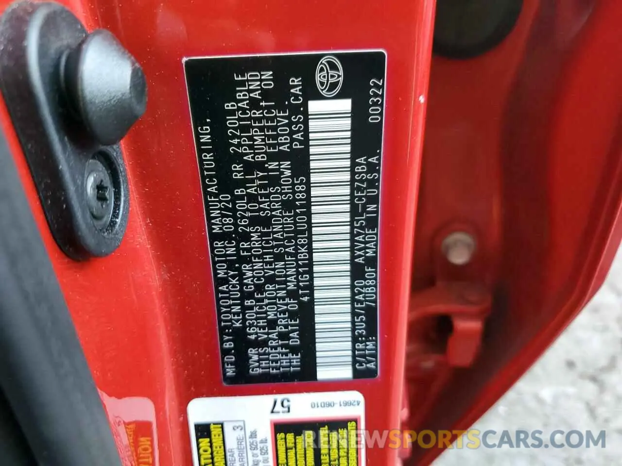 12 fotografías del automóvil dañado 4T1G11BK8LU011885 TOYOTA CAMRY 2020