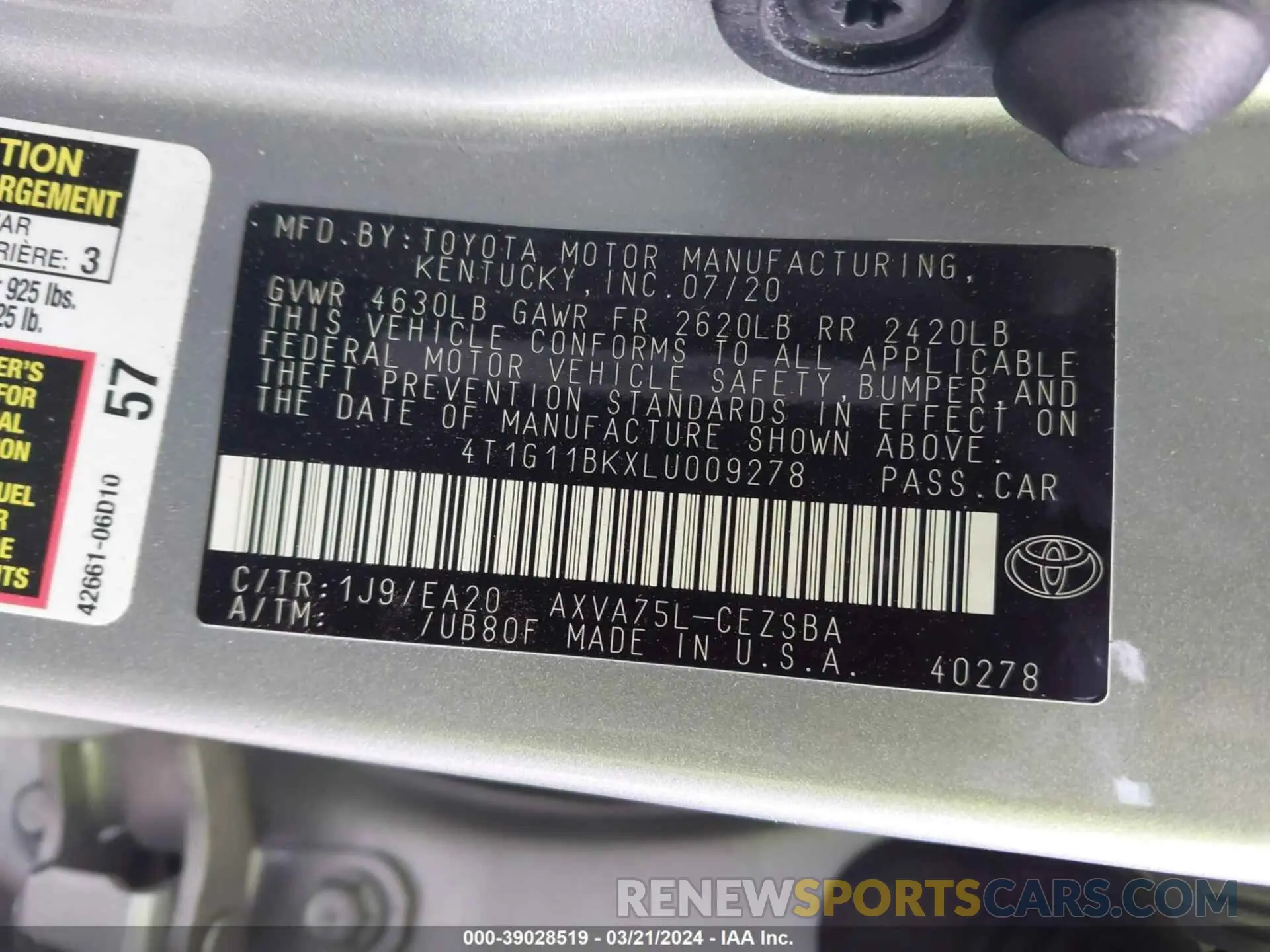 9 fotografías del automóvil dañado 4T1G11BKXLU009278 TOYOTA CAMRY 2020