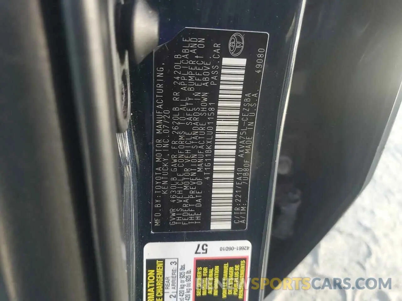 13 fotografías del automóvil dañado 4T1G11BKXLU011581 TOYOTA CAMRY 2020