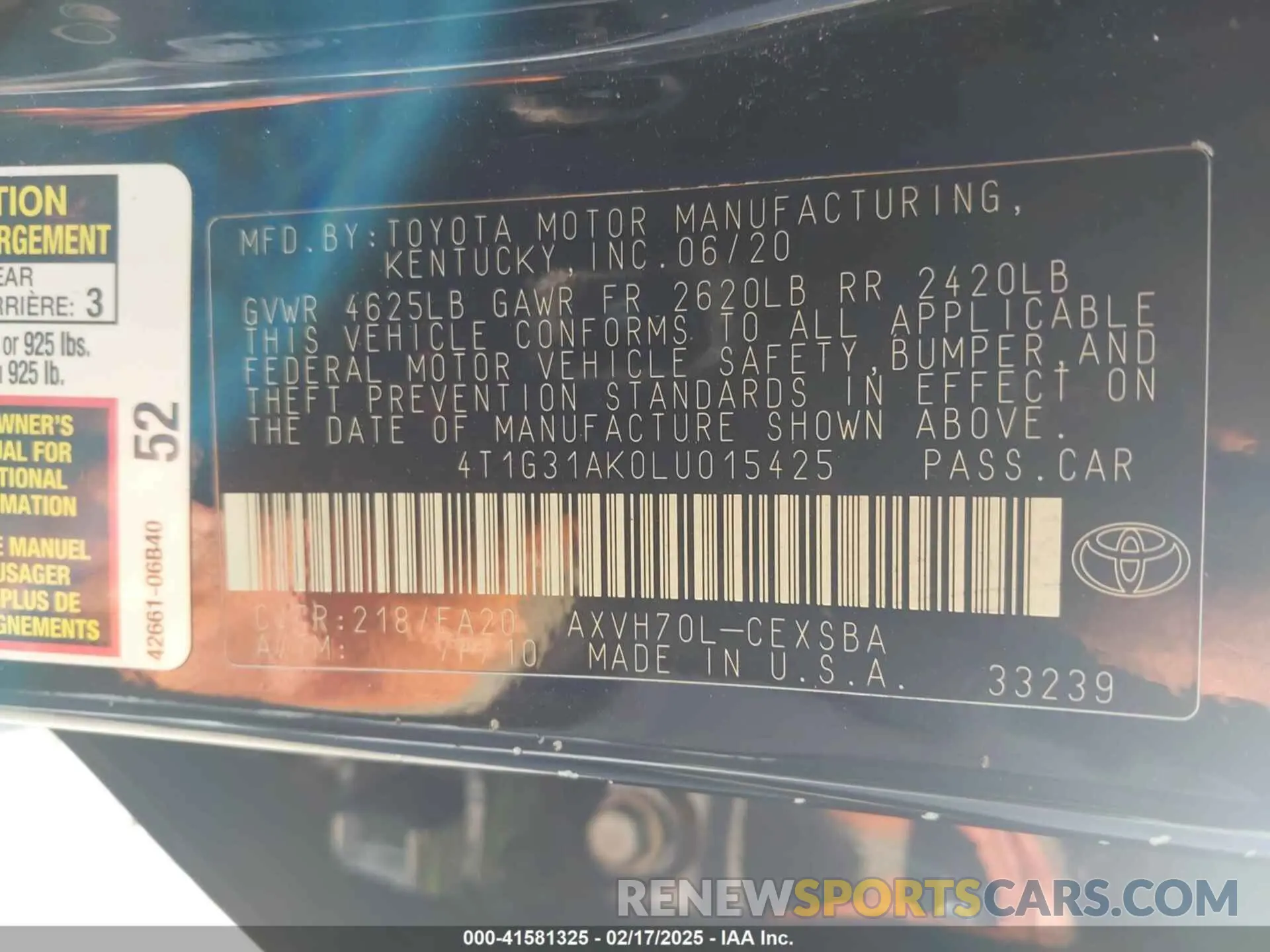 9 fotografías del automóvil dañado 4T1G31AK0LU015425 TOYOTA CAMRY 2020