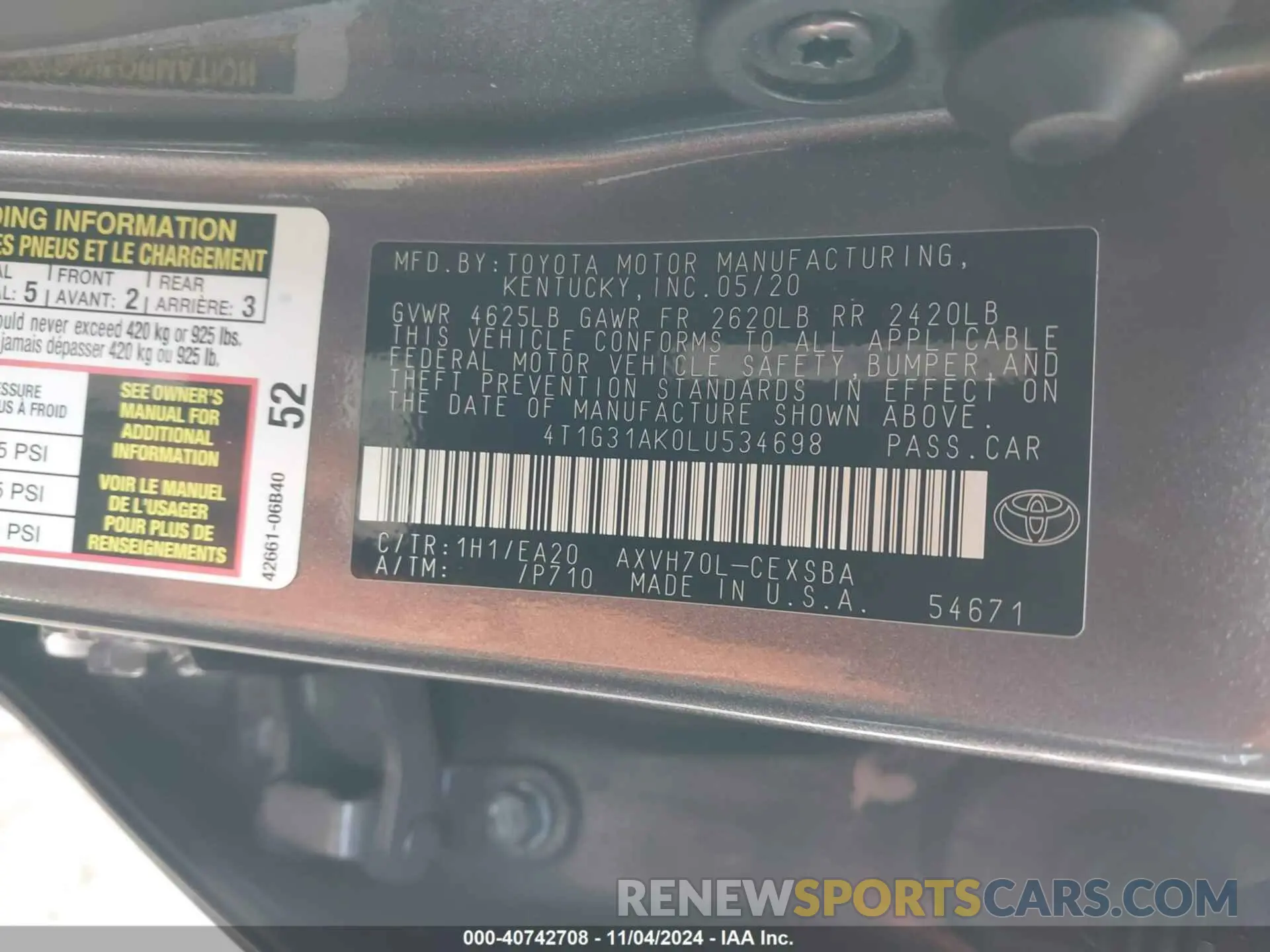 9 fotografías del automóvil dañado 4T1G31AK0LU534698 TOYOTA CAMRY 2020
