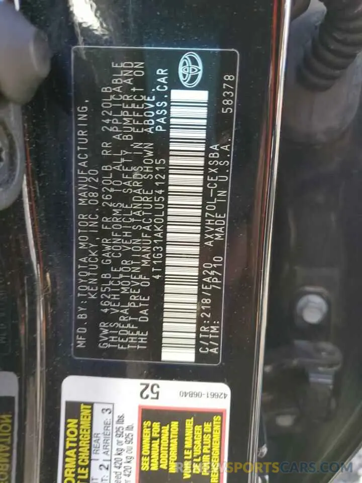 13 fotografías del automóvil dañado 4T1G31AK0LU541215 TOYOTA CAMRY 2020