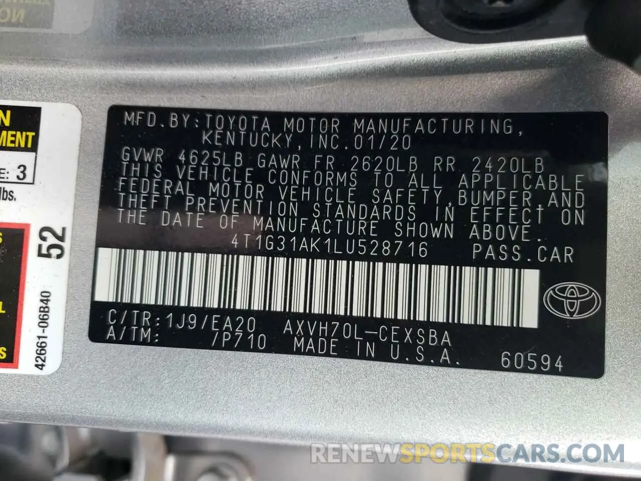10 fotografías del automóvil dañado 4T1G31AK1LU528716 TOYOTA CAMRY 2020