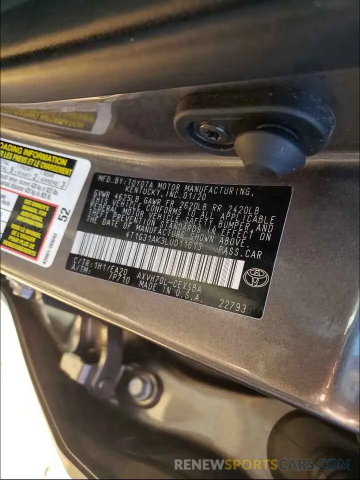 10 fotografías del automóvil dañado 4T1G31AK3LU011613 TOYOTA CAMRY 2020