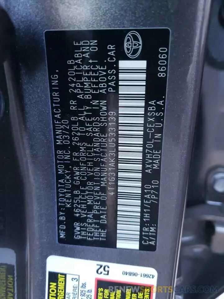10 fotografías del automóvil dañado 4T1G31AK3LU533139 TOYOTA CAMRY 2020