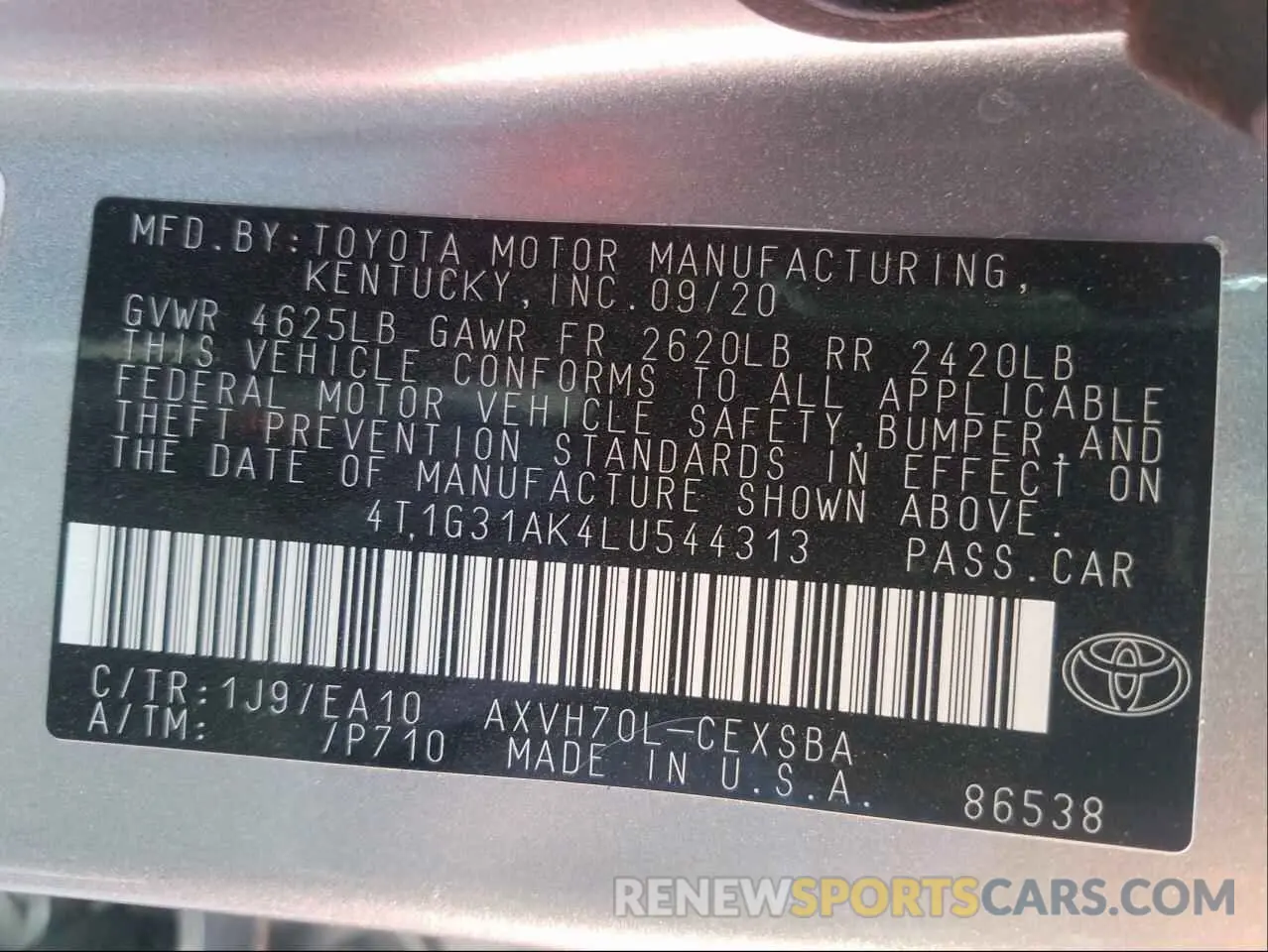10 fotografías del automóvil dañado 4T1G31AK4LU544313 TOYOTA CAMRY 2020
