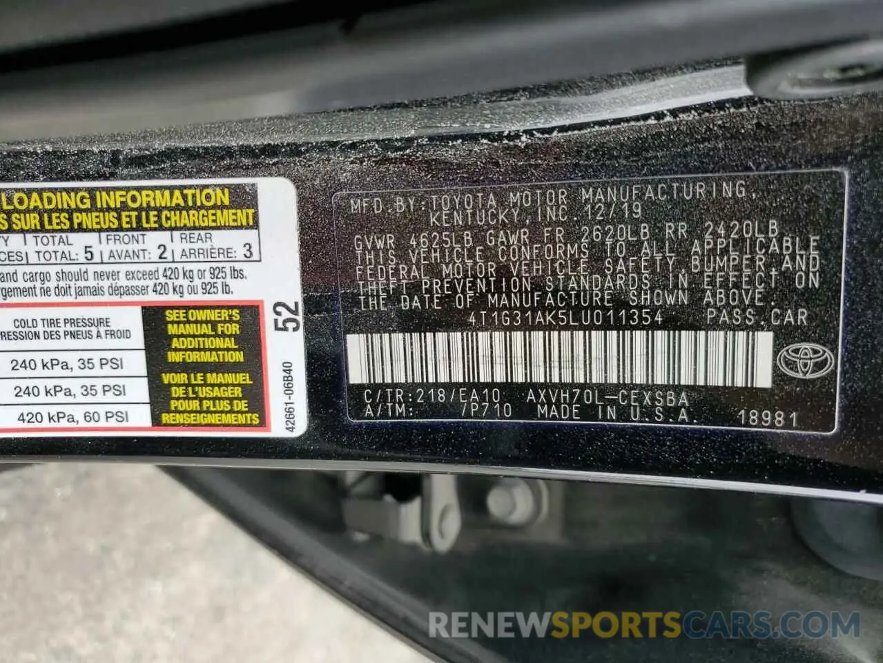 13 fotografías del automóvil dañado 4T1G31AK5LU011354 TOYOTA CAMRY 2020