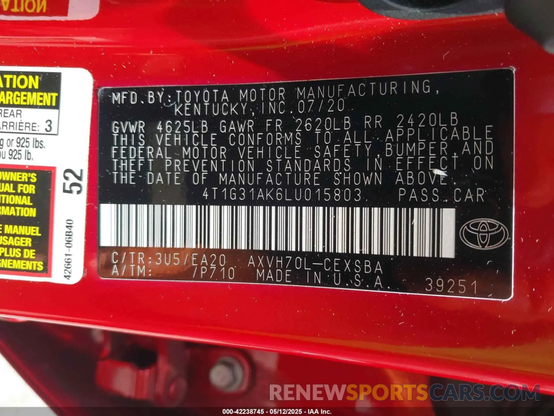 9 fotografías del automóvil dañado 4T1G31AK6LU015803 TOYOTA CAMRY 2020