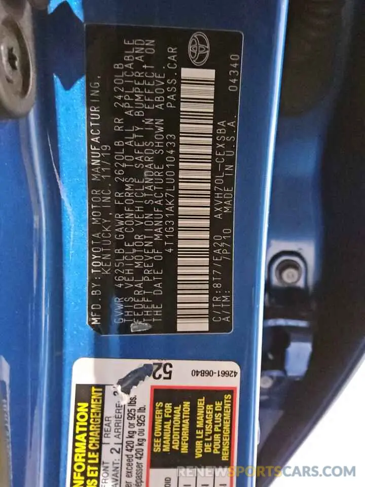 12 fotografías del automóvil dañado 4T1G31AK7LU010433 TOYOTA CAMRY 2020