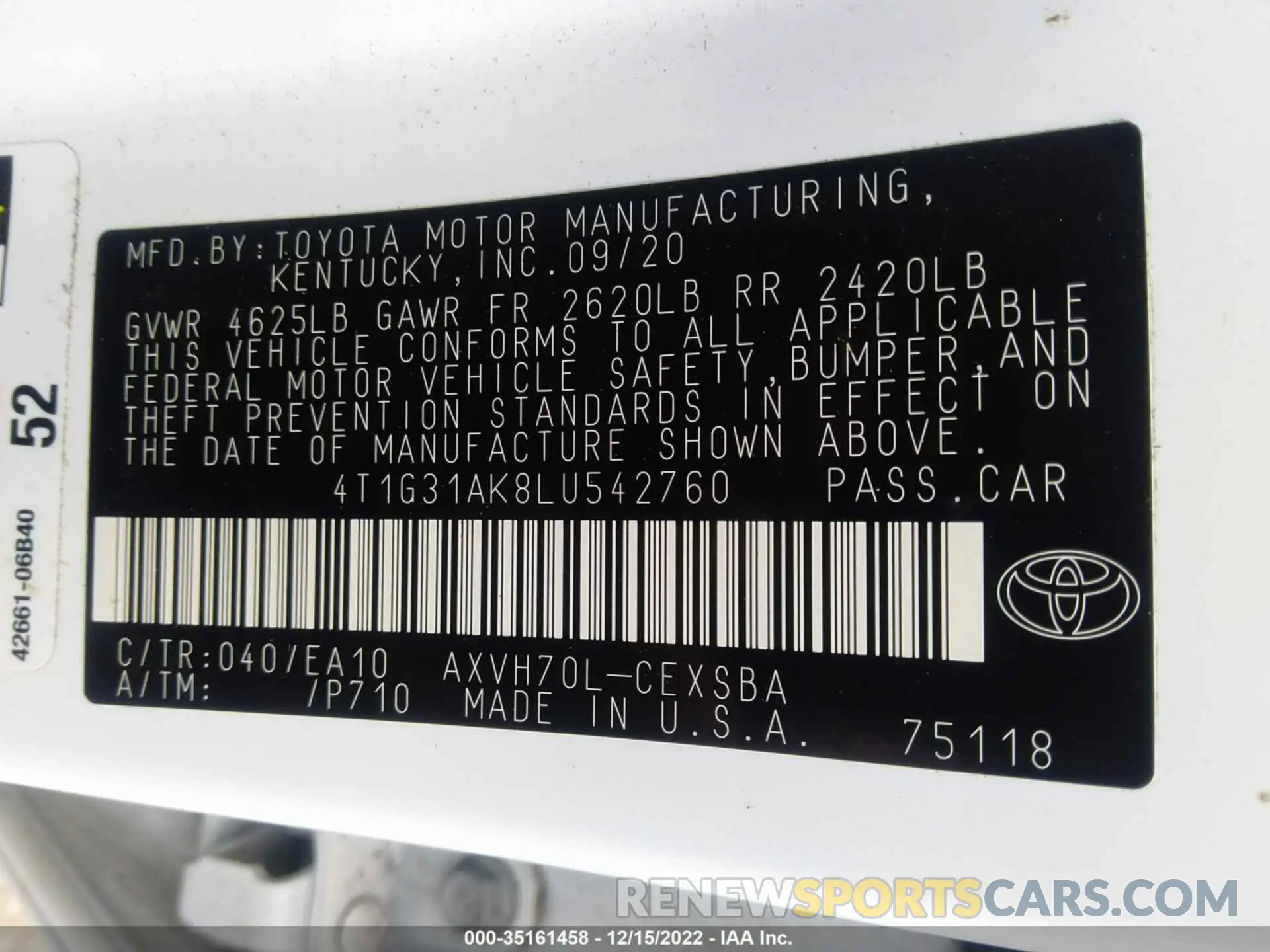 9 fotografías del automóvil dañado 4T1G31AK8LU542760 TOYOTA CAMRY 2020