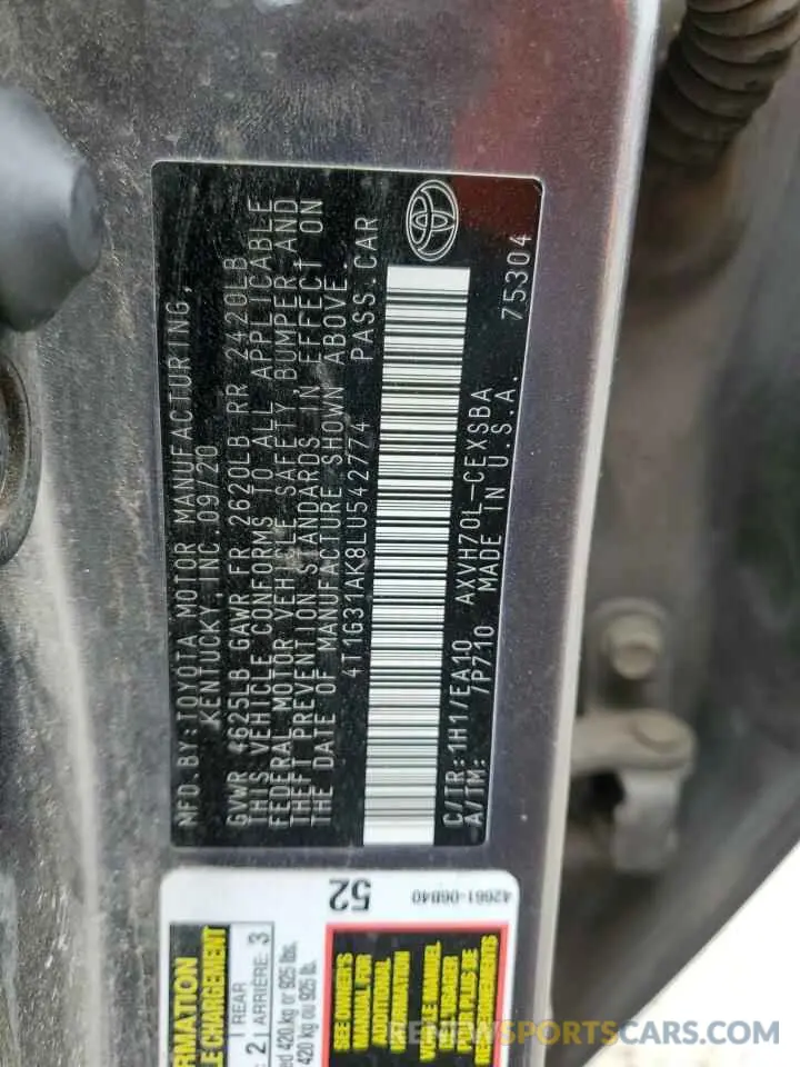 12 fotografías del automóvil dañado 4T1G31AK8LU542774 TOYOTA CAMRY 2020
