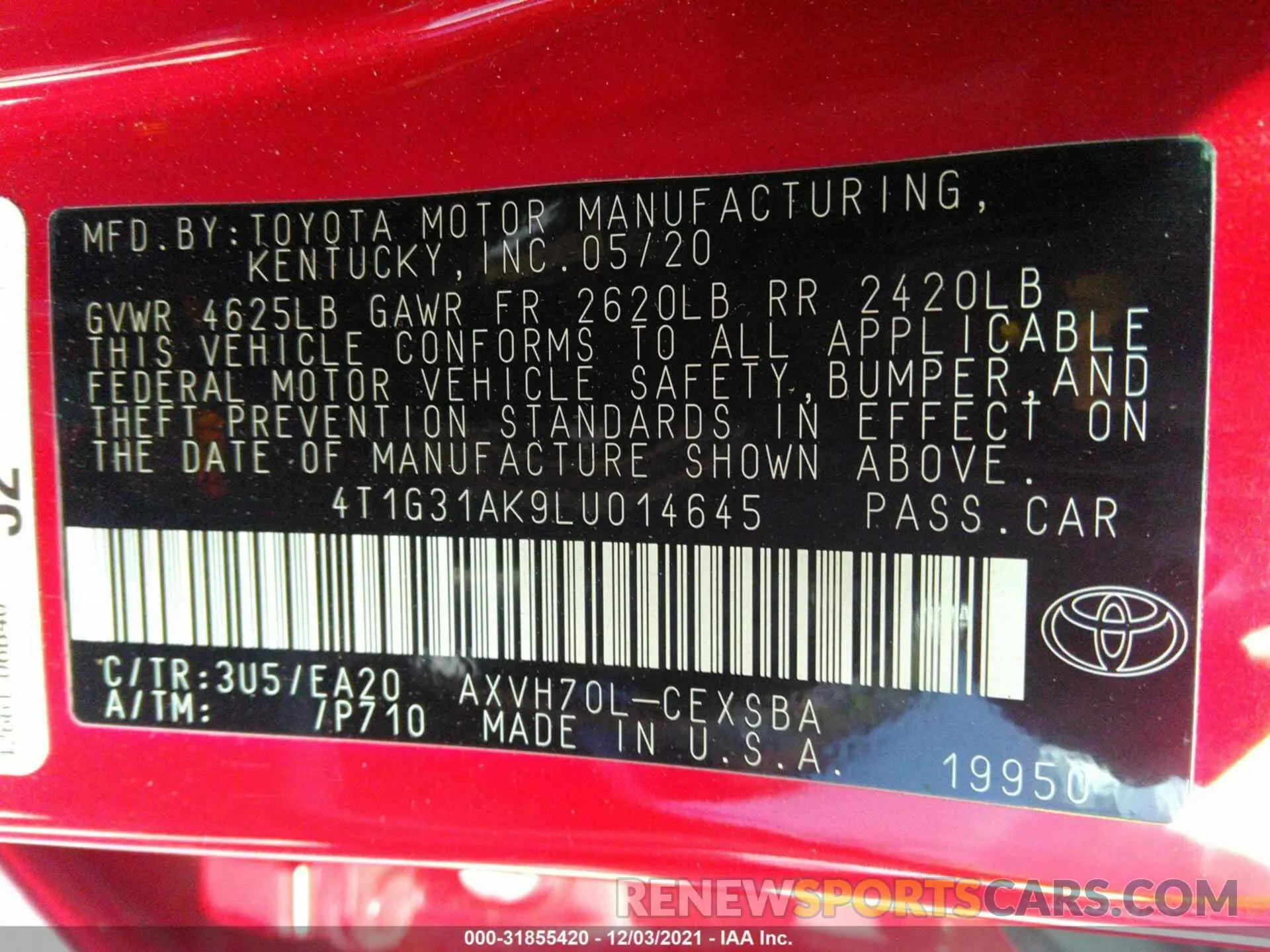 9 fotografías del automóvil dañado 4T1G31AK9LU014645 TOYOTA CAMRY 2020