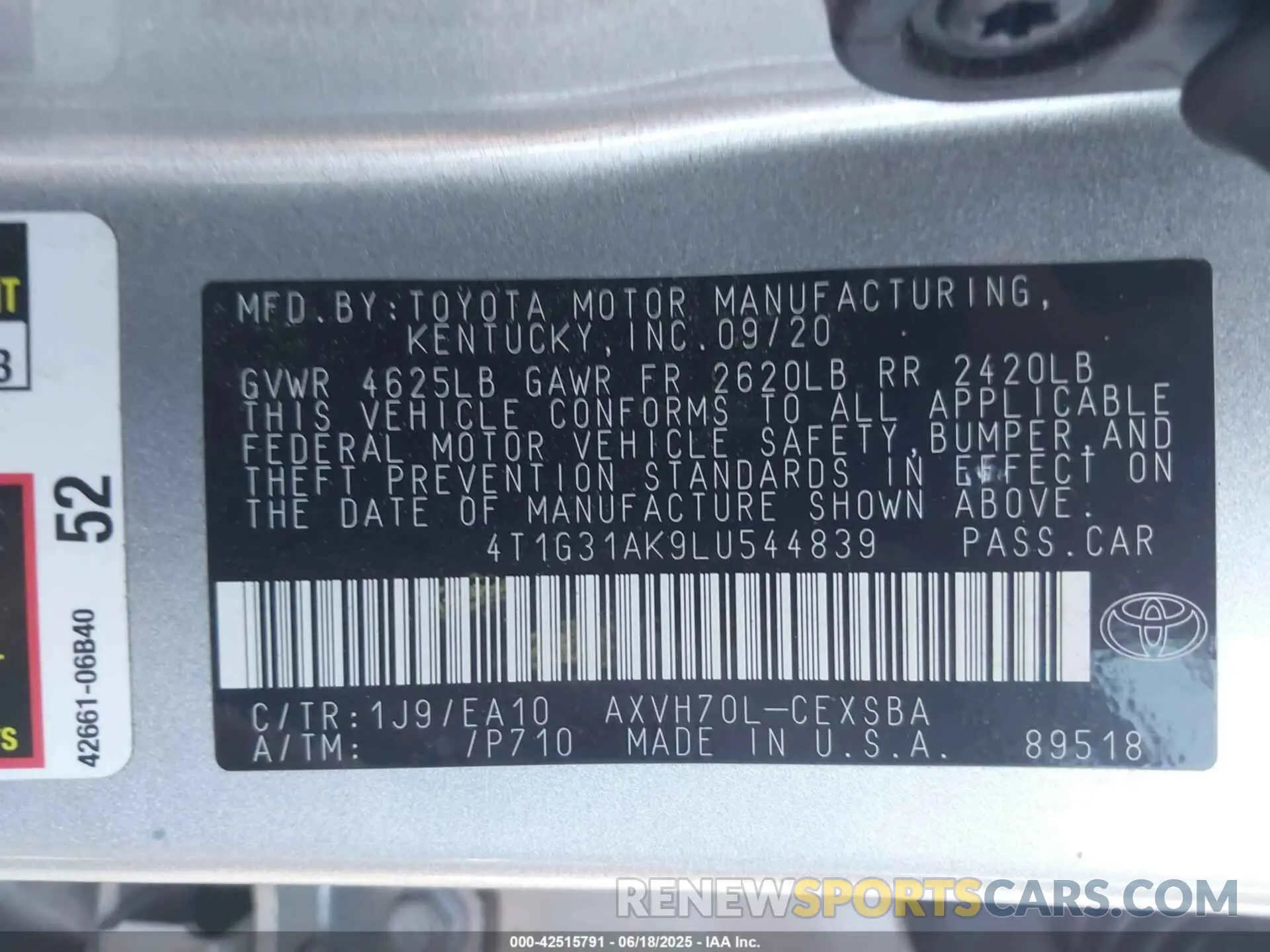 9 fotografías del automóvil dañado 4T1G31AK9LU544839 TOYOTA CAMRY 2020