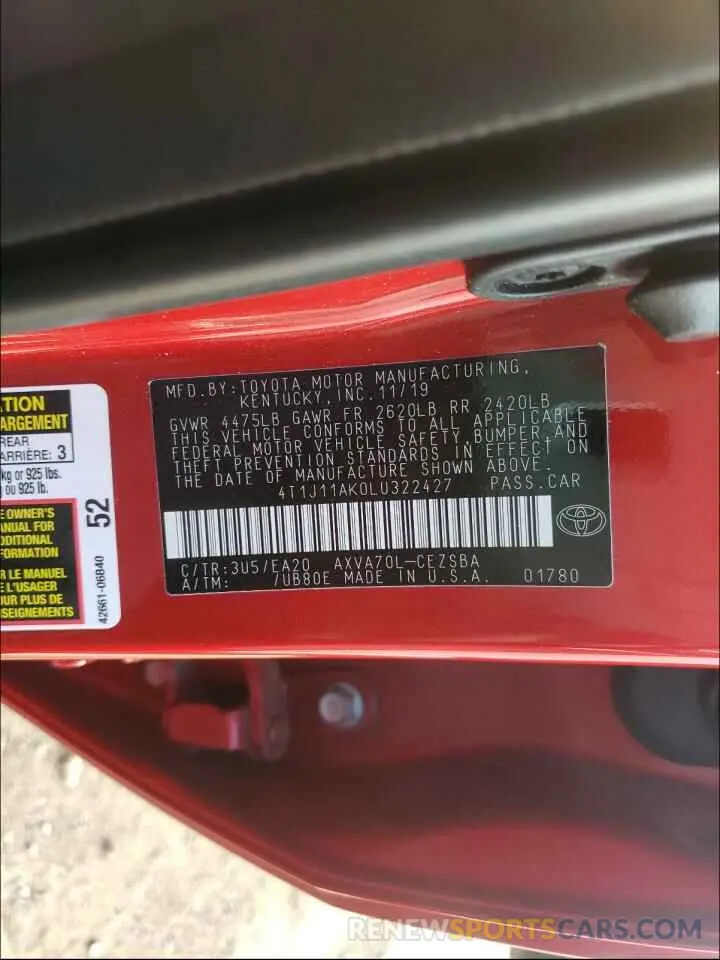 10 fotografías del automóvil dañado 4T1J11AK0LU322427 TOYOTA CAMRY 2020