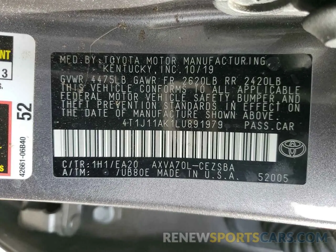13 fotografías del automóvil dañado 4T1J11AK1LU891979 TOYOTA CAMRY 2020