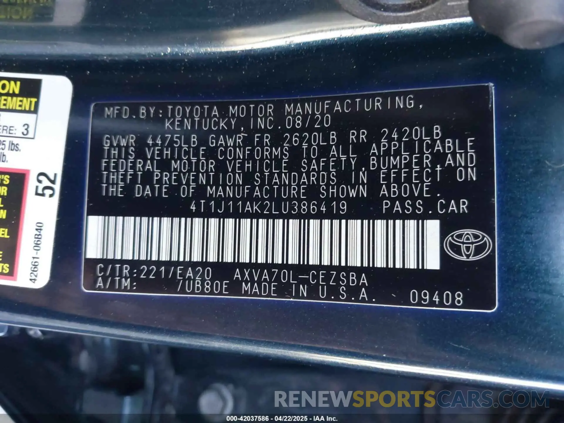 9 fotografías del automóvil dañado 4T1J11AK2LU386419 TOYOTA CAMRY 2020
