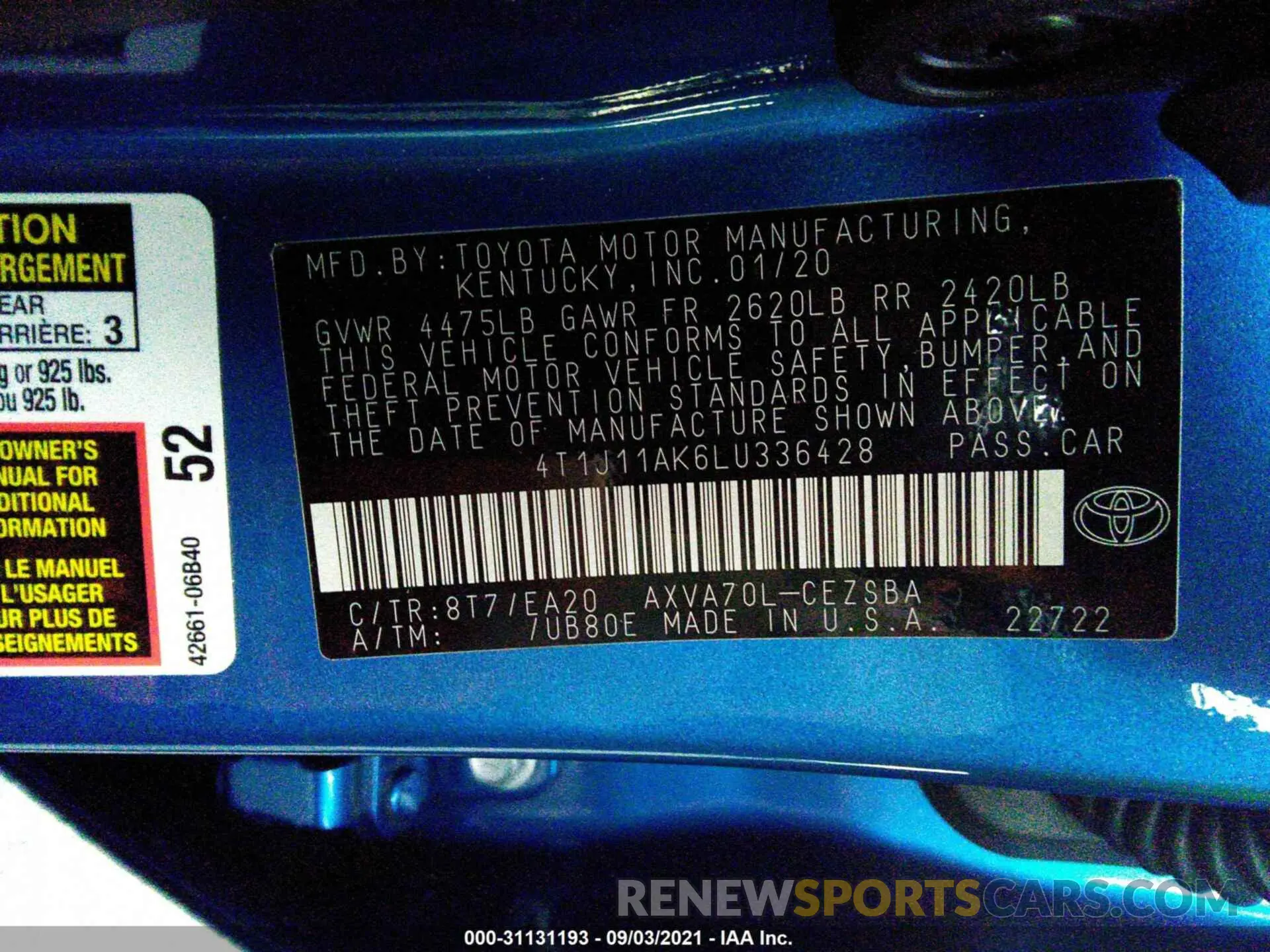 9 fotografías del automóvil dañado 4T1J11AK6LU336428 TOYOTA CAMRY 2020