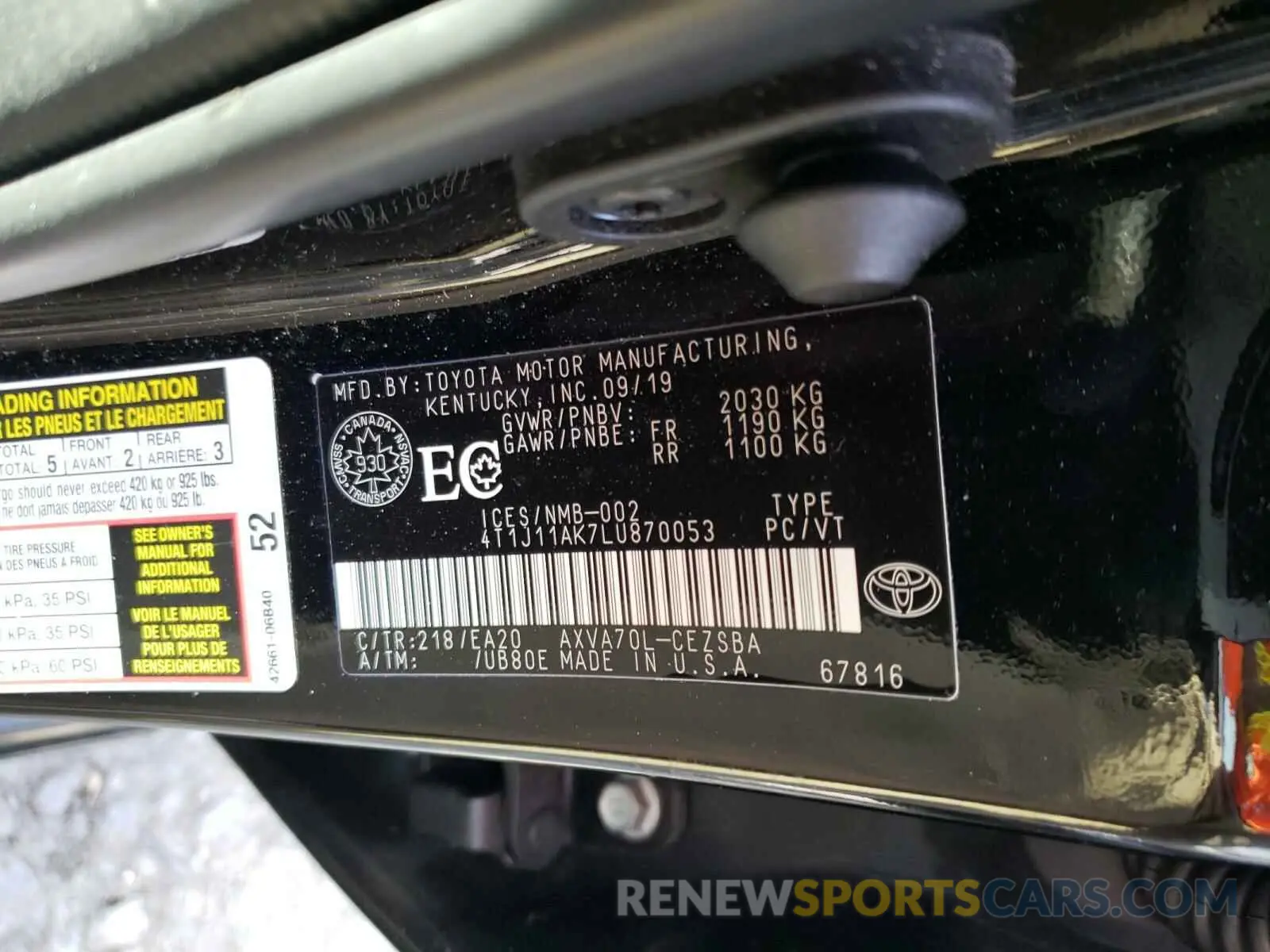 10 fotografías del automóvil dañado 4T1J11AK7LU870053 TOYOTA CAMRY 2020